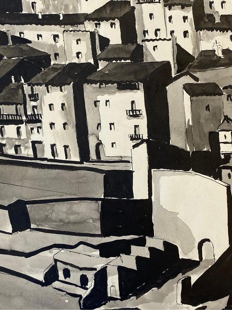 French 1950's Modernist Painting, Black & White Town Landscape For Sale