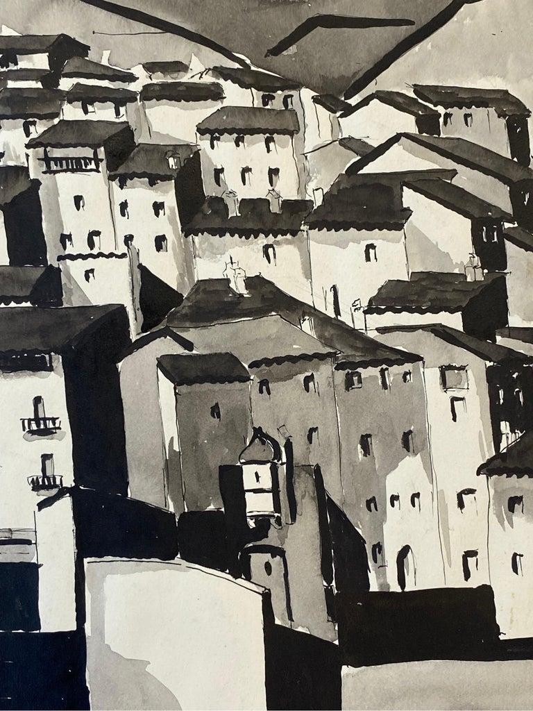 Painted 1950's Modernist Painting, Black & White Town Landscape For Sale