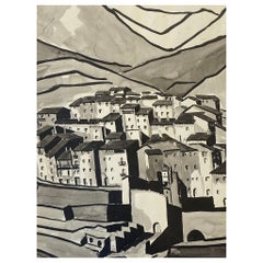 Peinture moderniste des années 1950, paysage urbain en noir et blanc