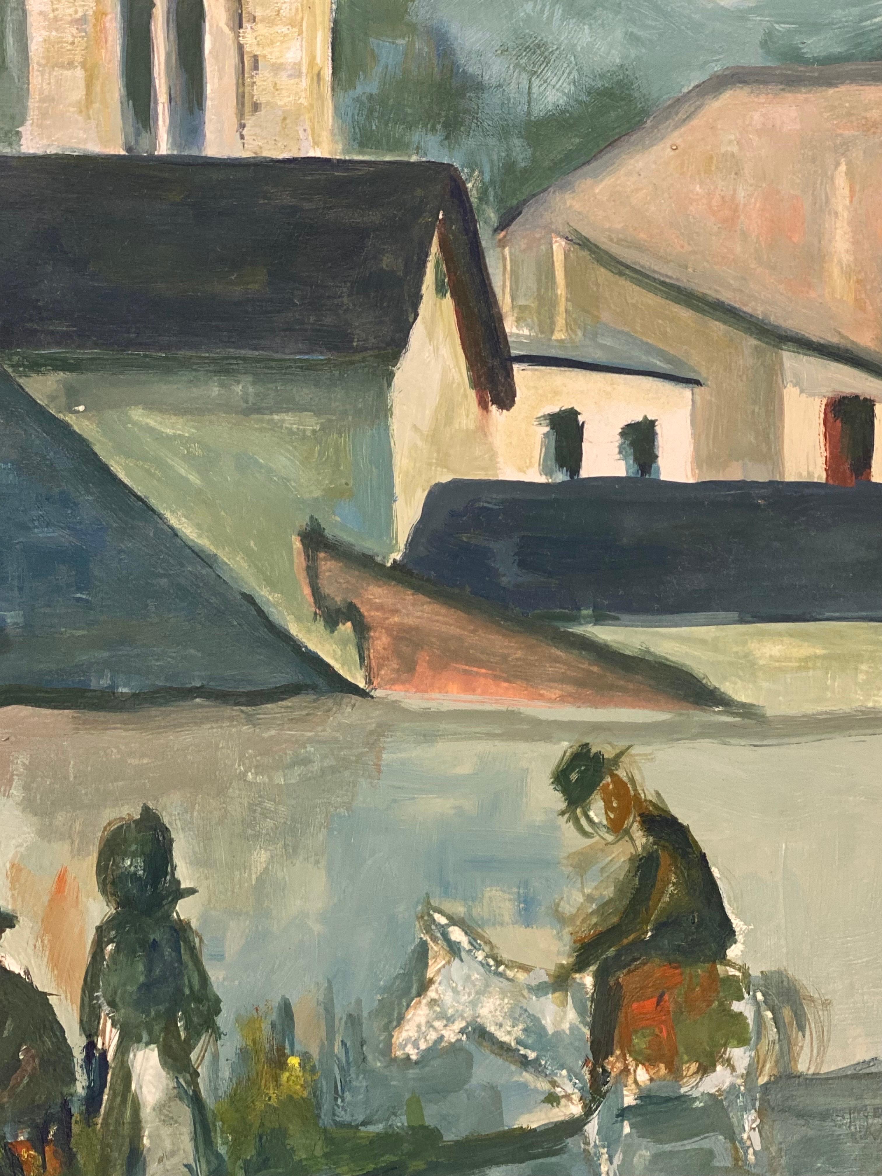 Quadro modernista degli anni '50, paesaggio urbano blu brillante con cavallo e figure In condizioni ottime in vendita a Cirencester, GB