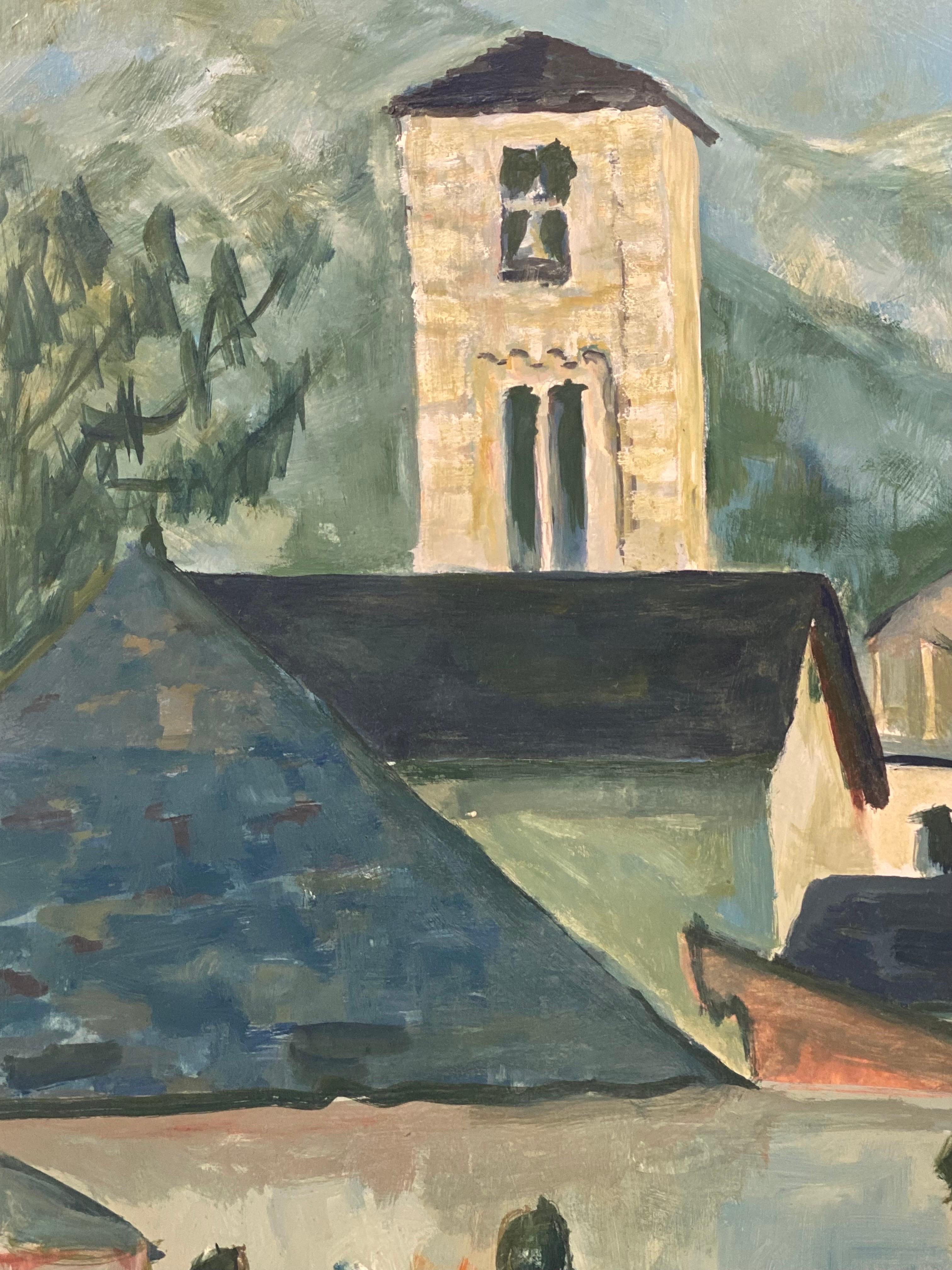 Altro Quadro modernista degli anni '50, paesaggio urbano blu brillante con cavallo e figure in vendita