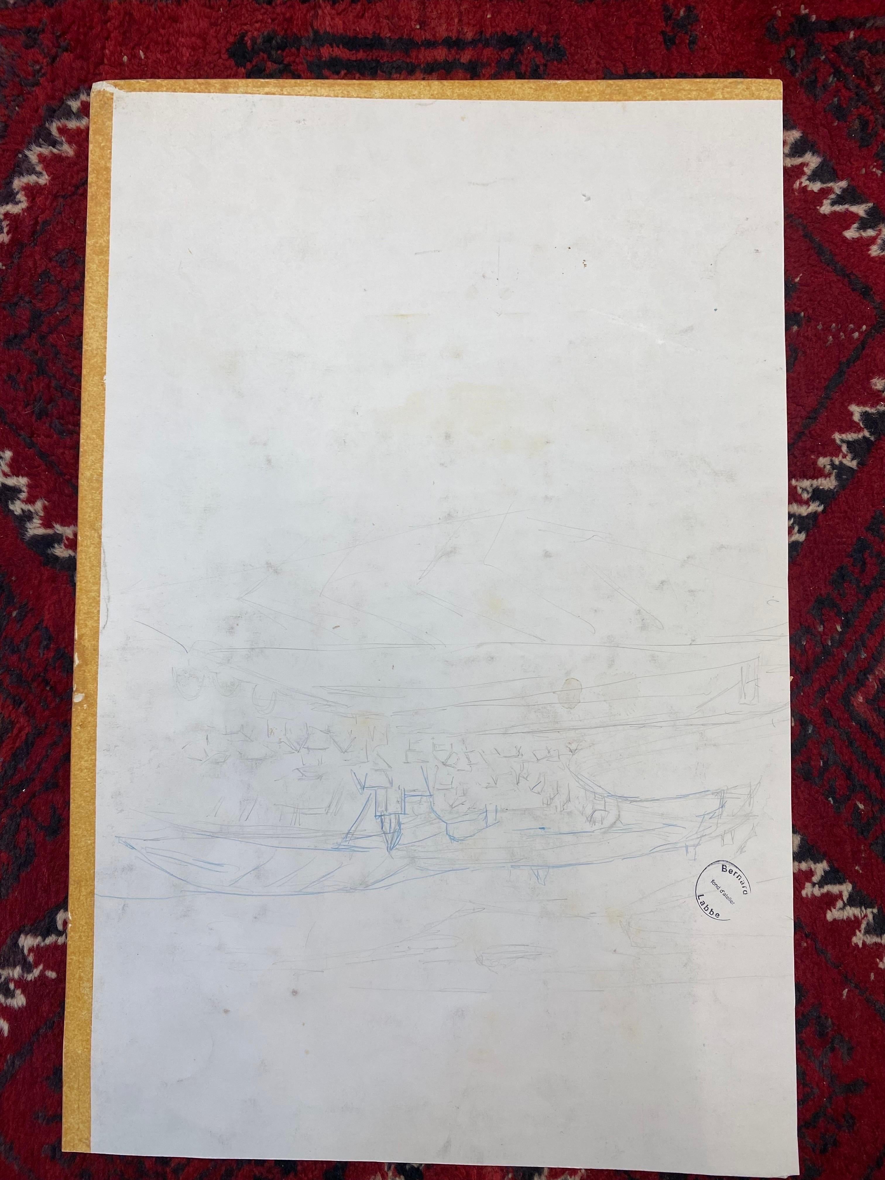 Quadro modernista degli anni '50, paesaggio urbano blu brillante con cavallo e figure in vendita 3