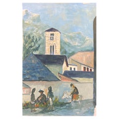 Modernistisches Gemälde der 1950er Jahre, leuchtend blaue Stadtlandschaft mit Pferd und Figuren