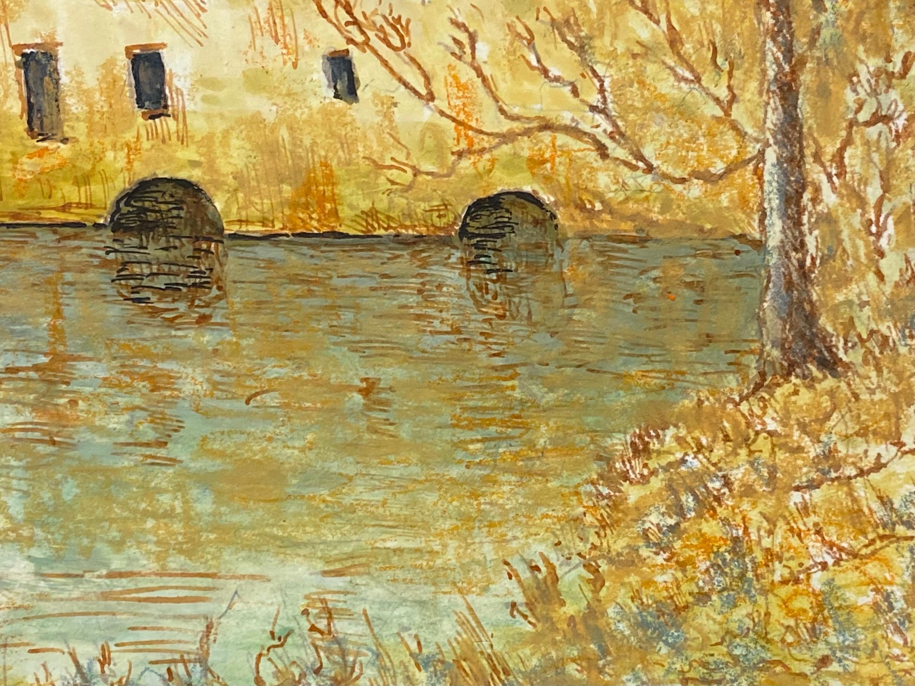 20th Century 1950's Modernist Painting, French Building over Lake For Sale