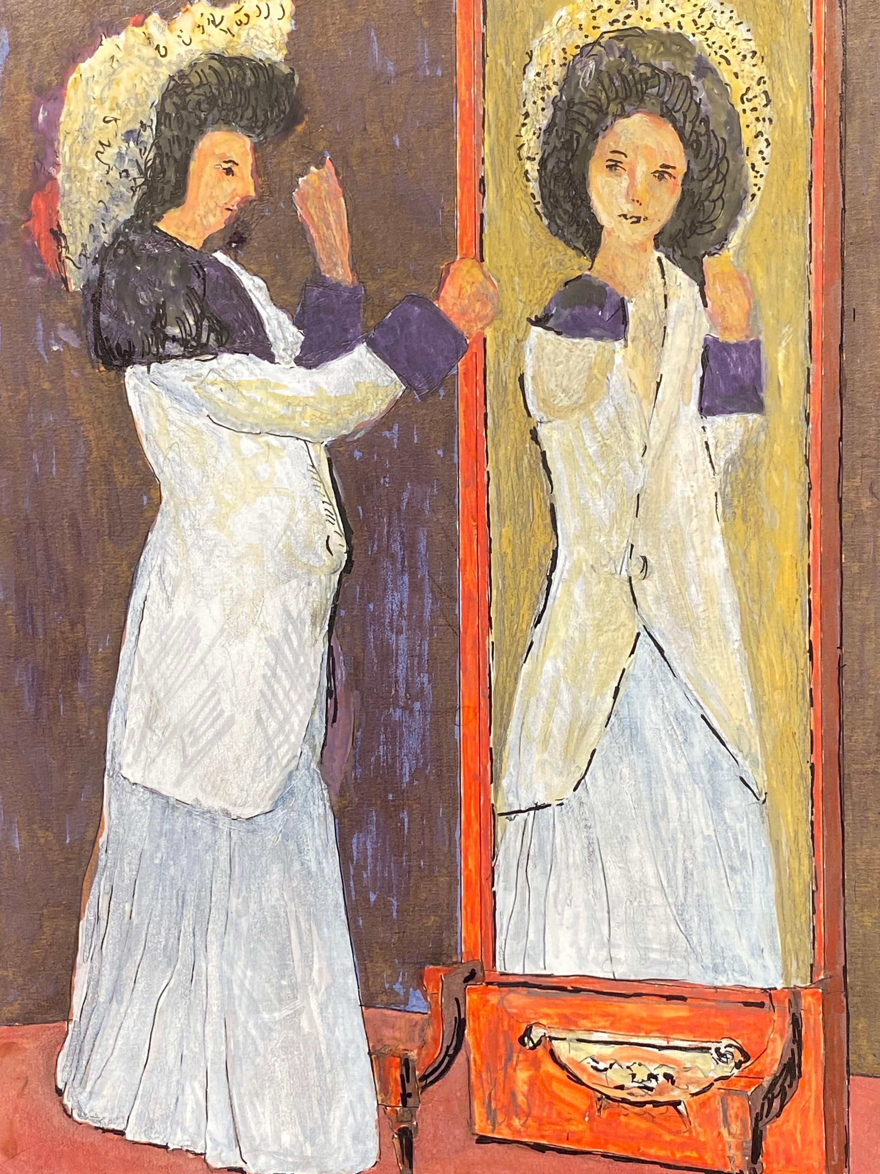 Moderne Peinture moderniste des années 1950, Lady Reflection in Mirror en vente