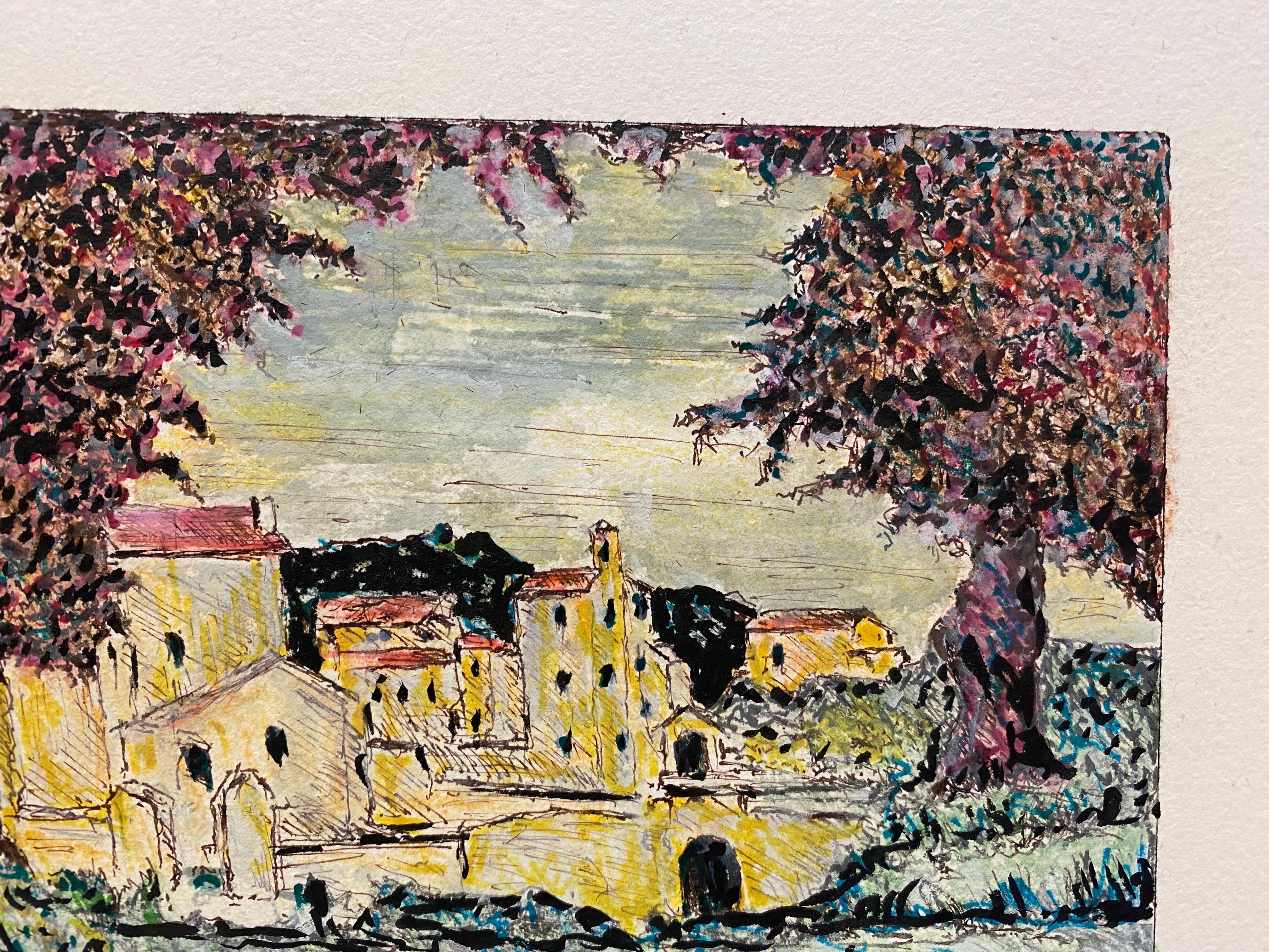 20th Century 1950's Modernist Painting, Landscape of a French Town For Sale