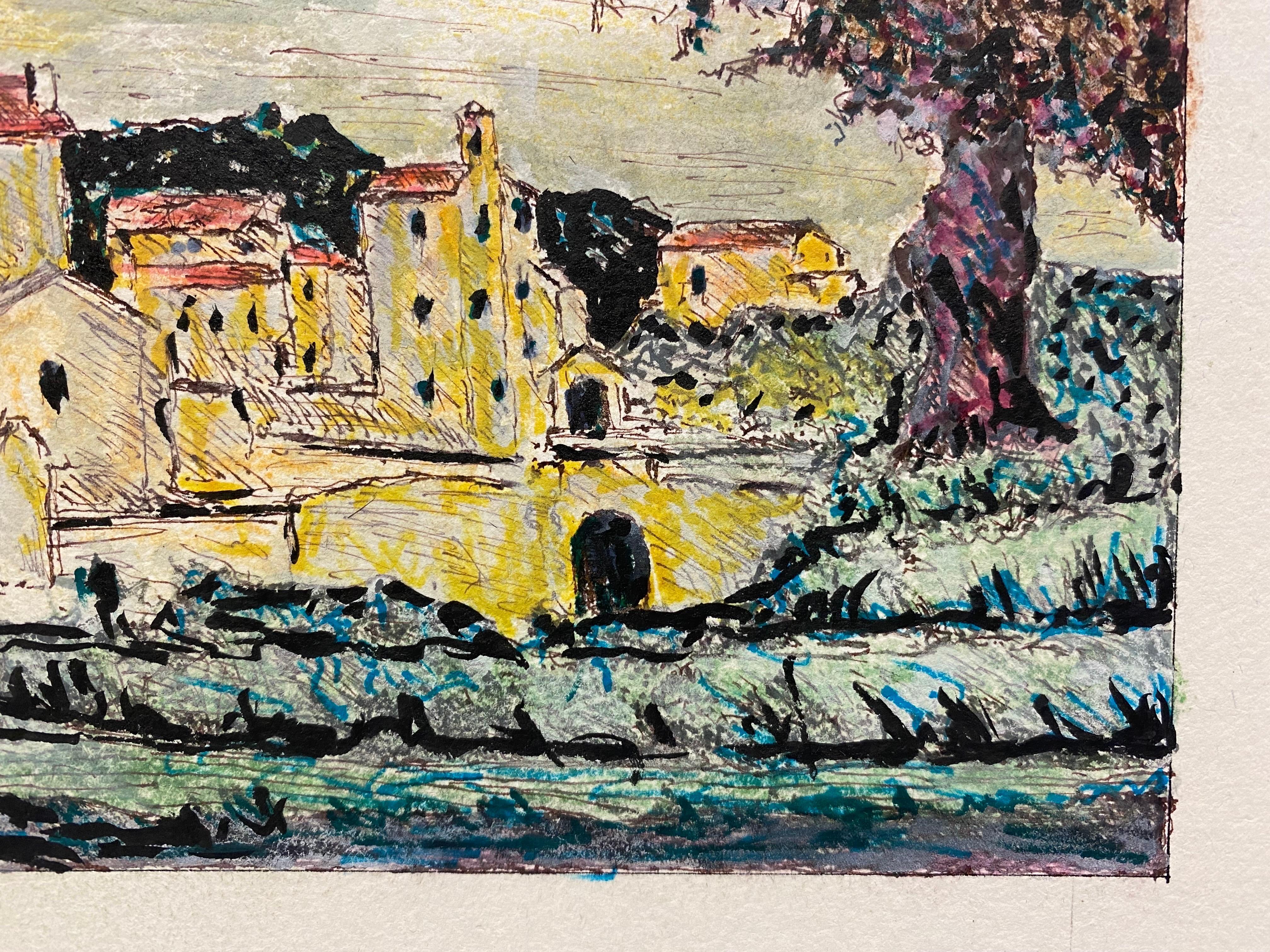 20ième siècle Peinture moderniste des années 1950, paysage d'une ville française en vente