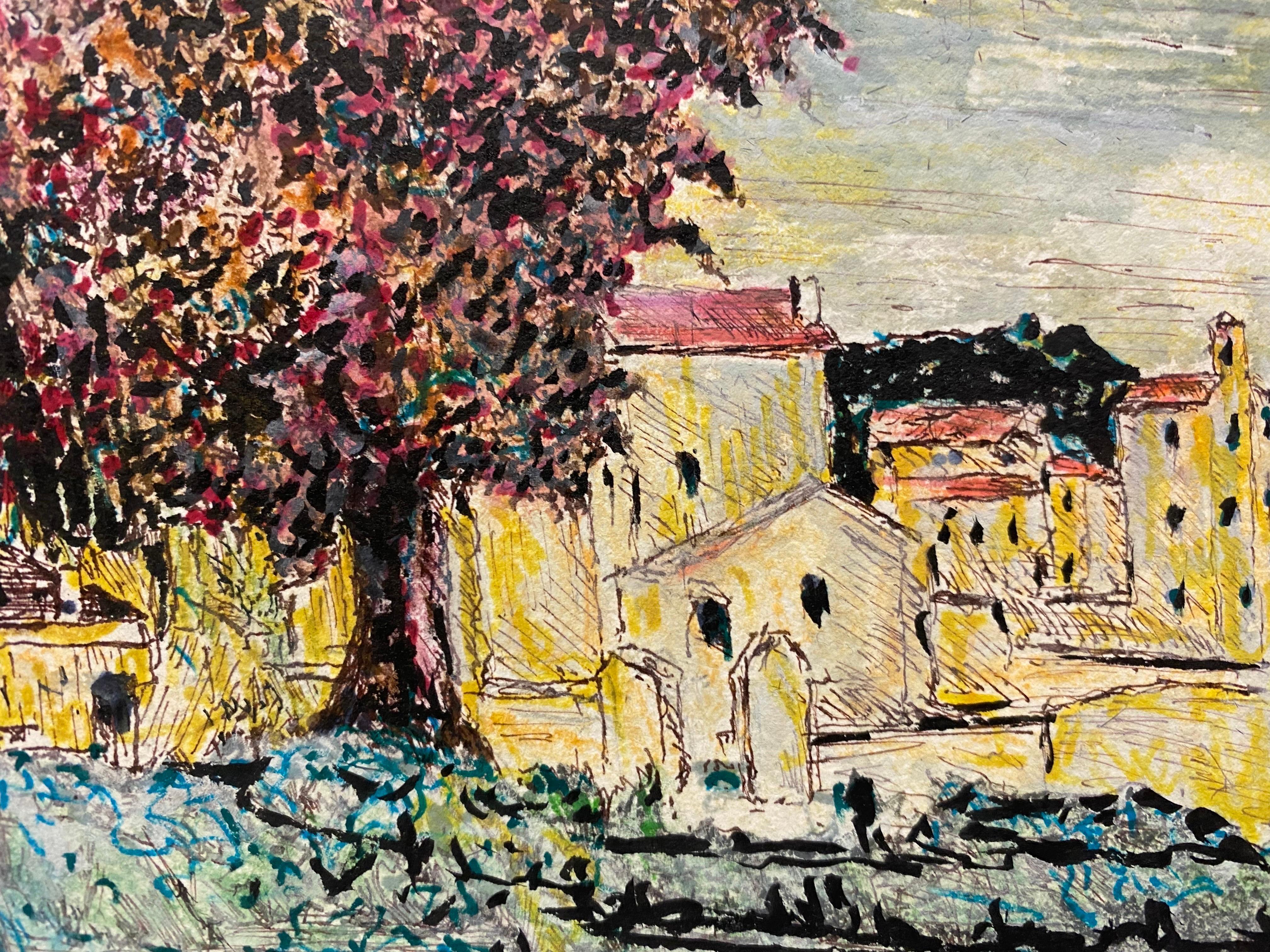 1950's Modernist Painting, Landscape of a French Town For Sale 1