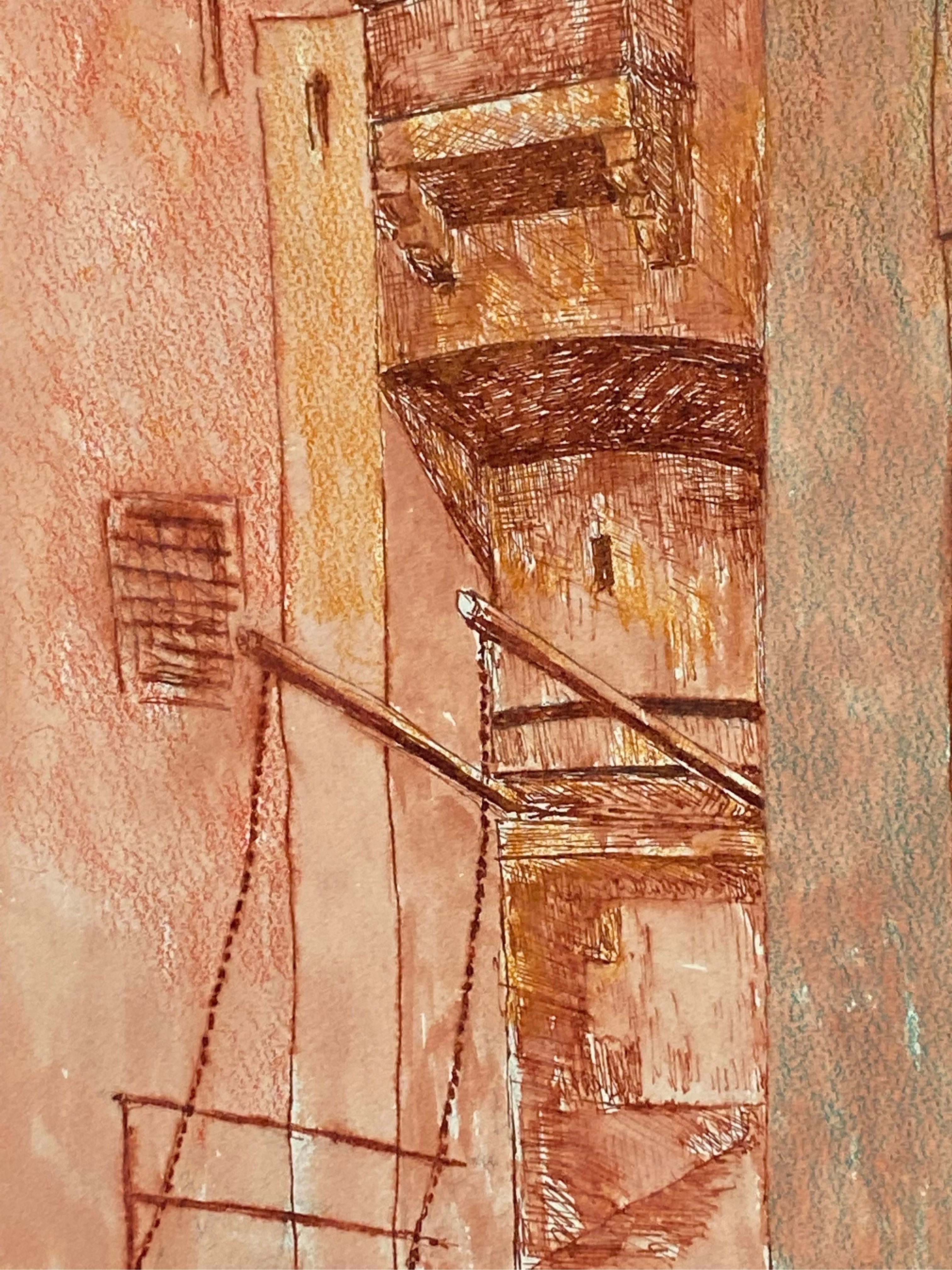 20th Century 1950's Modernist Painting, Red French Tall Building For Sale