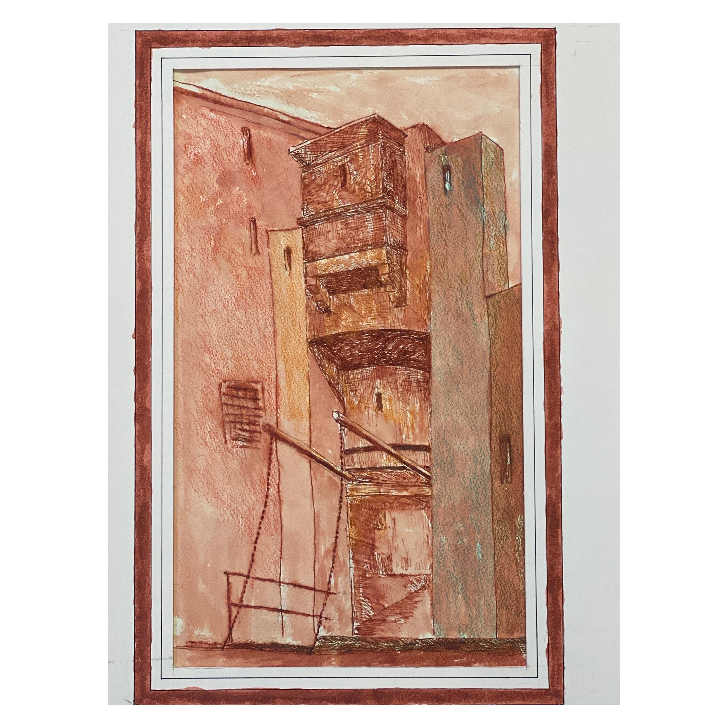 Modernistisches Gemälde der 1950er Jahre, rotes französisches hohes Gebäude