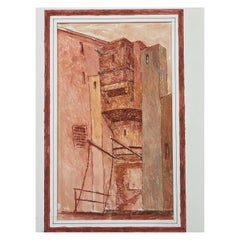 Modernistisches Gemälde der 1950er Jahre, rotes französisches hohes Gebäude