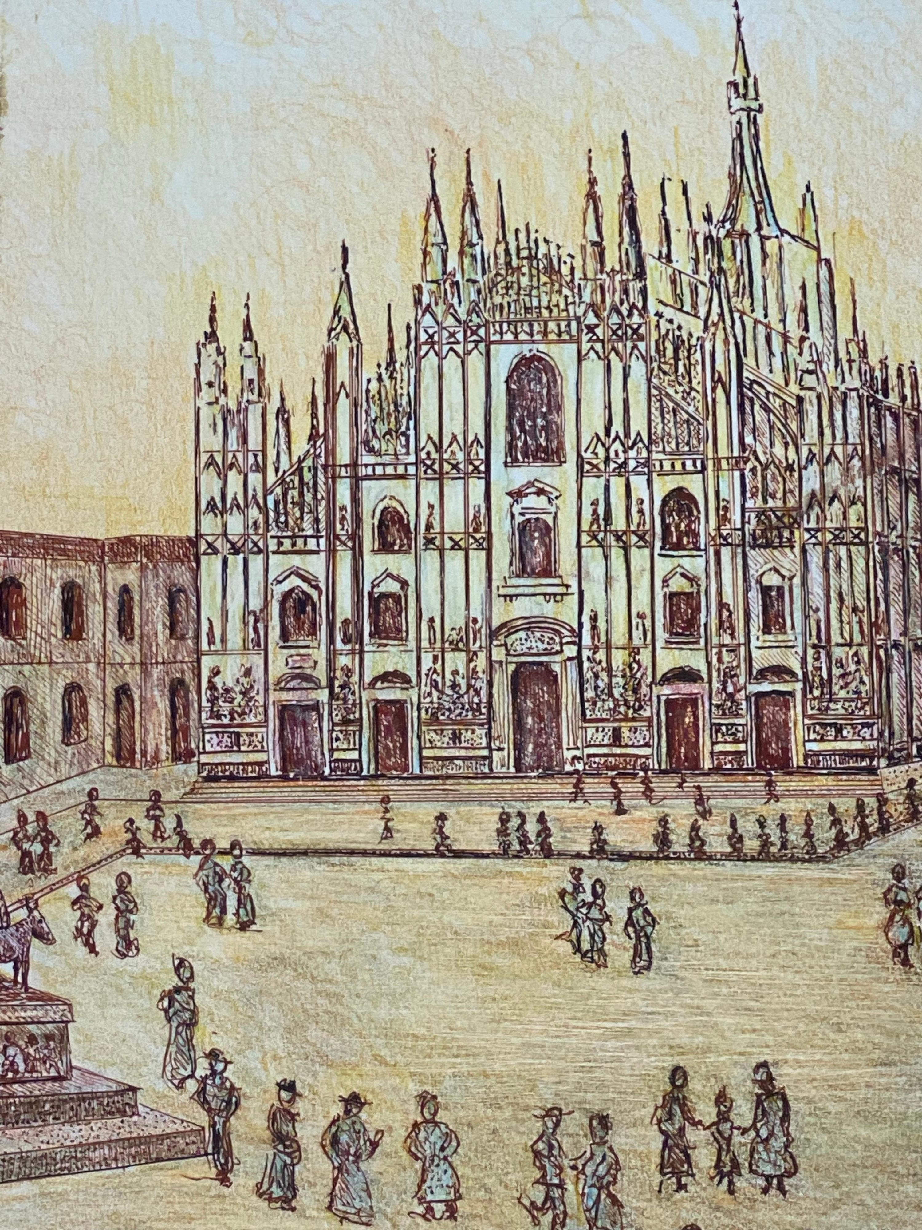 20th Century 1950's Modernist Painting Signed, Milan Cathedral Cityscape For Sale