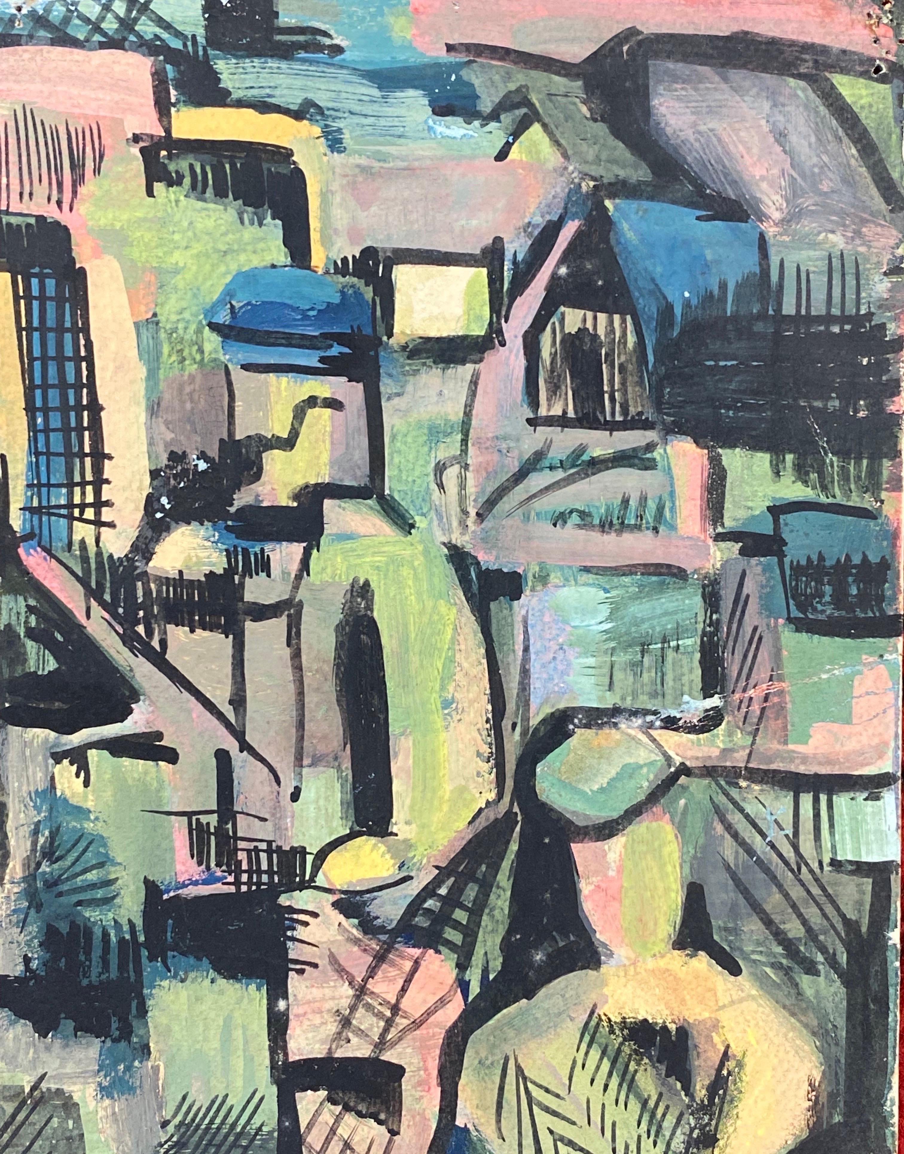 Abstract Town
by Bernard Labbe (French mid 20th century), stamped verso
Original watercolour/gouache painting on paper.
Overall size: 7 x 5 inches.
Condition: very good and ready to be enjoyed. 

Provenance: the artists atelier/ studio, France