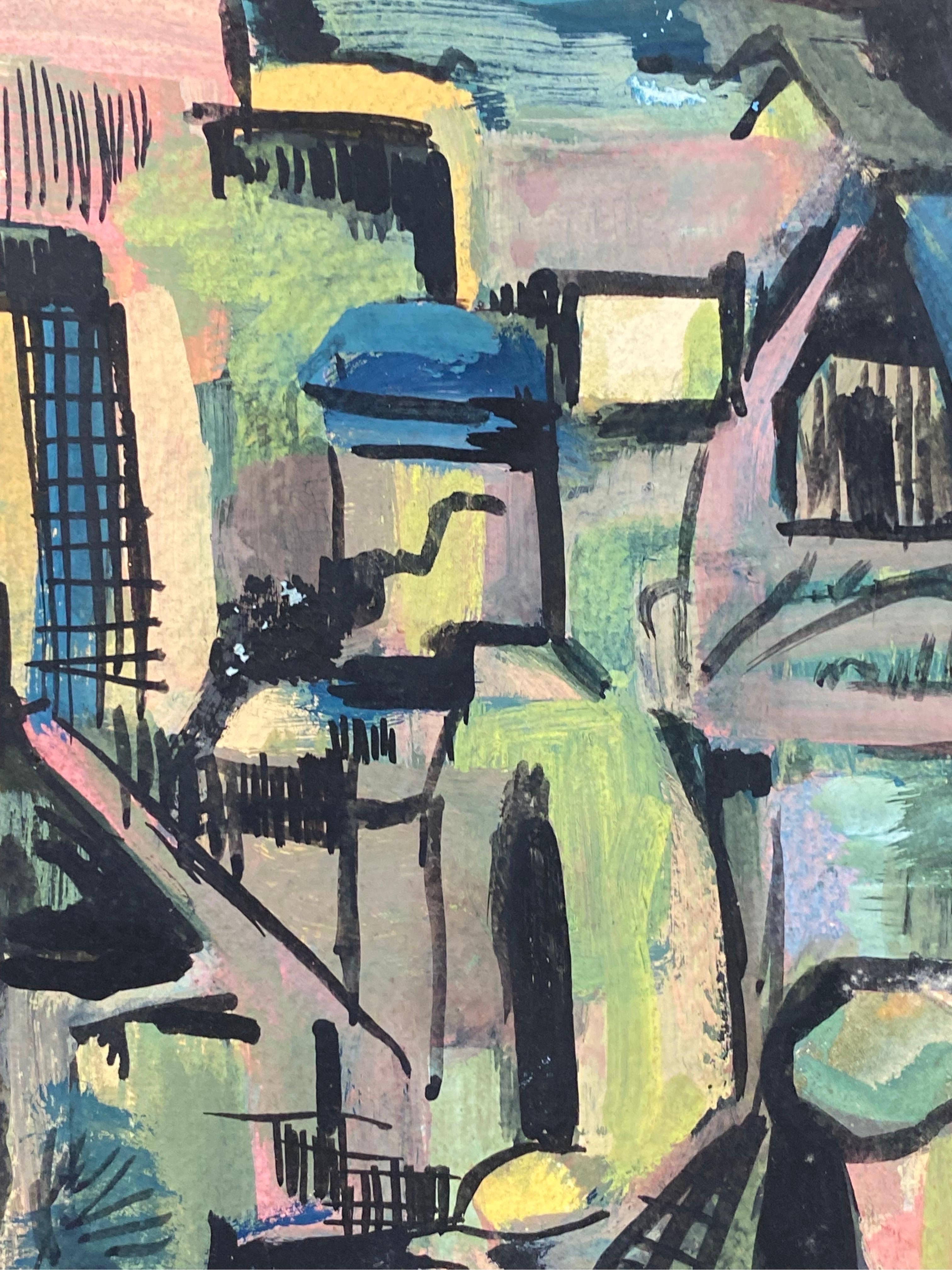 1950's Modernist Painting, Small Abstract French Town In Excellent Condition In Cirencester, GB