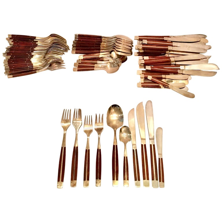 1950'S Modernist Rosewood and Brass Inlay Flatware Set Of 87 Pieces at  1stDibs | brass and wood cutlery set, brass and rosewood flatware, rosewood  and brass flatware