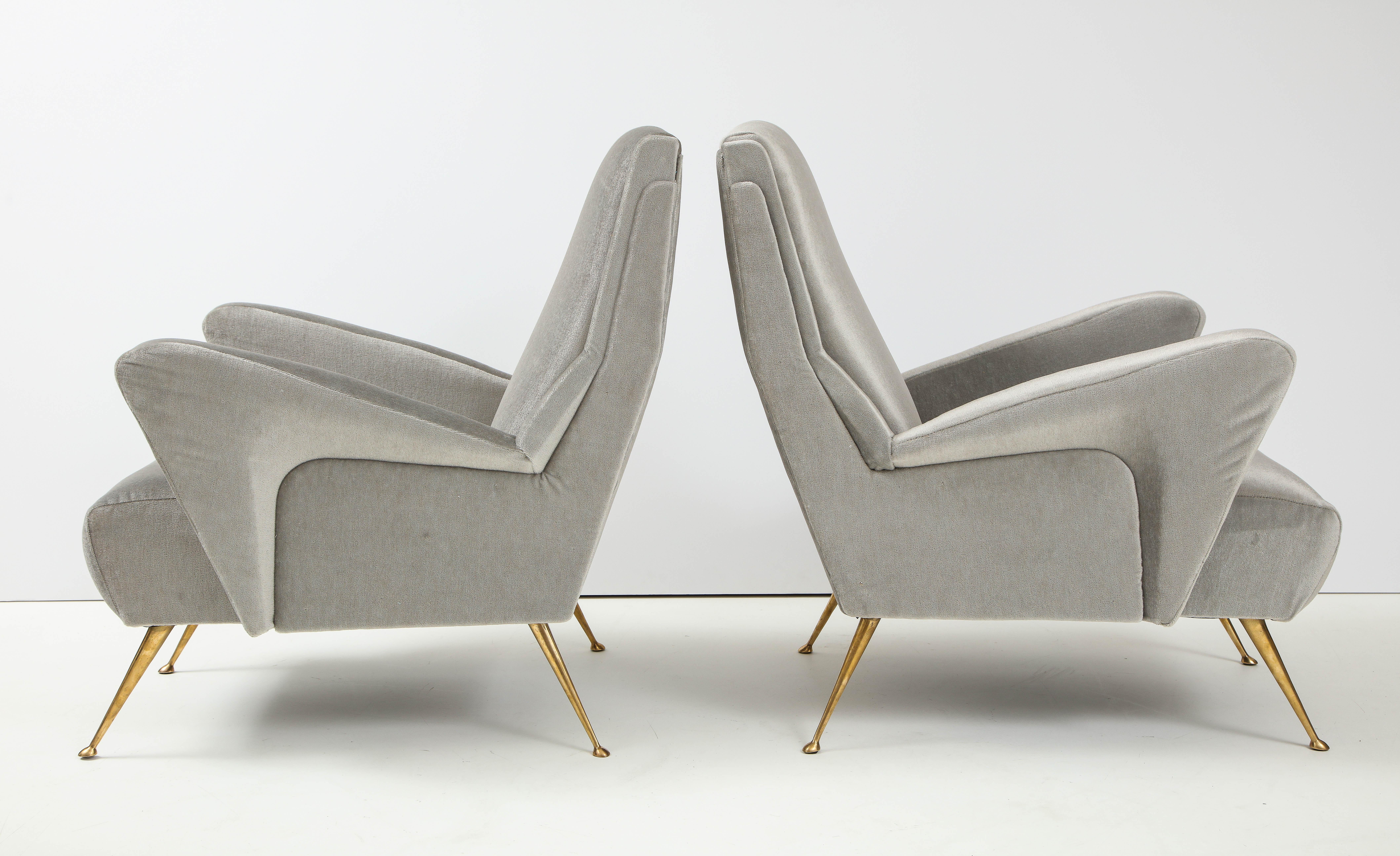 American 1950's Modernist Sculptural Italian Lounge Chairs with Solid Brass Legs