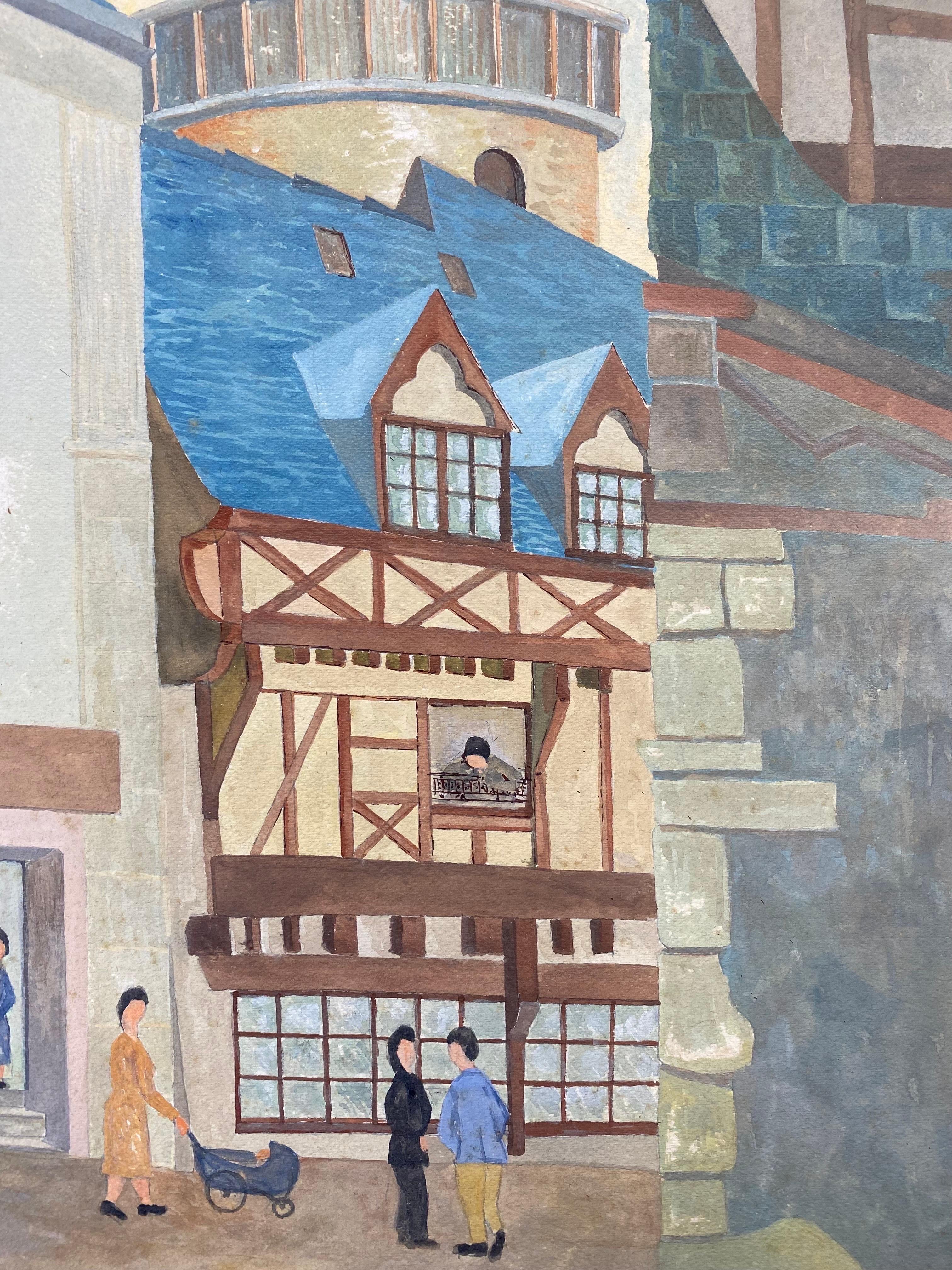 1950's Modernist Signed Painting, Figures in French Town In Excellent Condition For Sale In Cirencester, GB