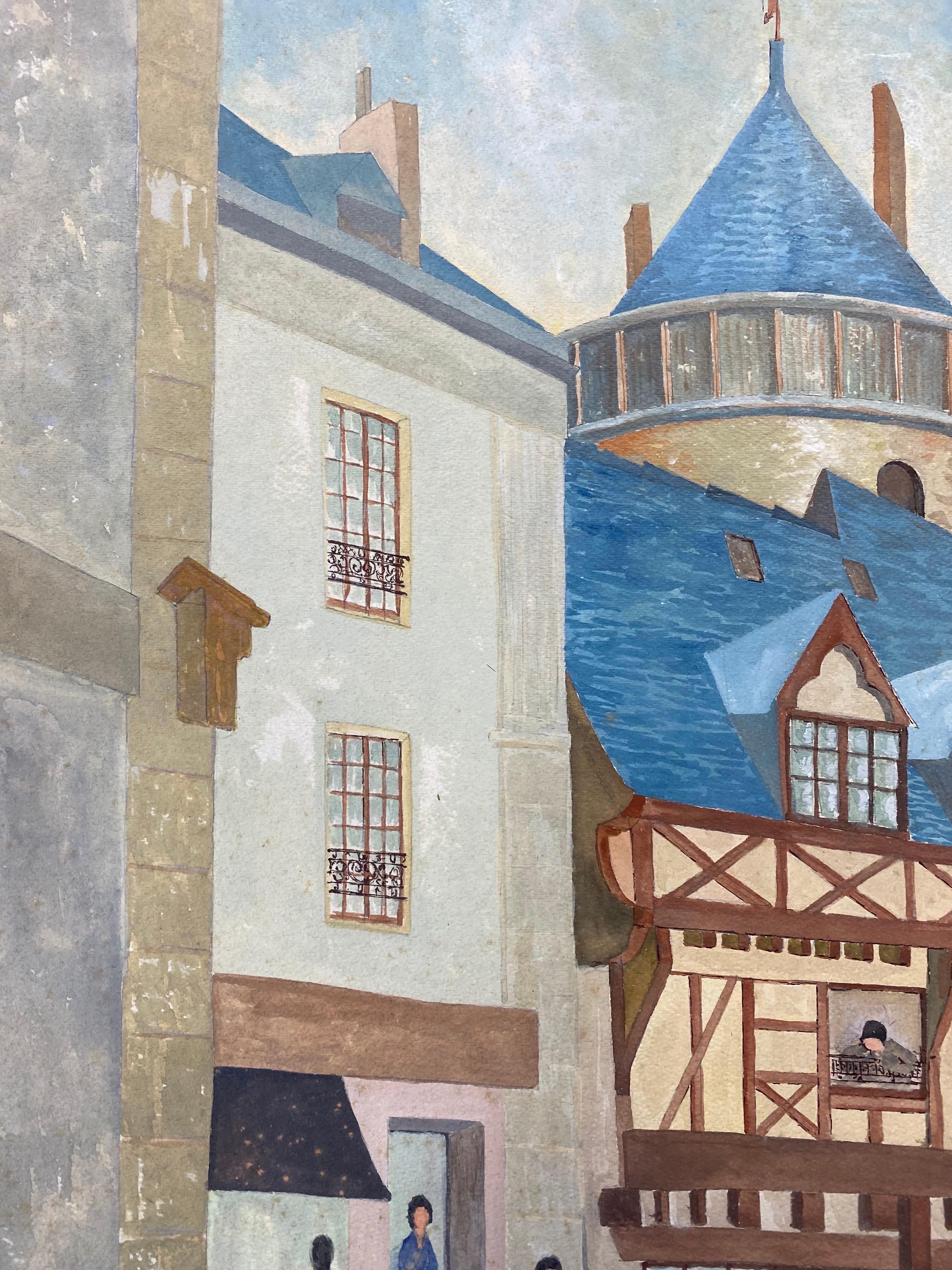 Other 1950's Modernist Signed Painting, Figures in French Town For Sale