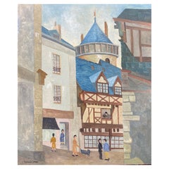 Modernistisches signiertes Gemälde der 1950er Jahre, Figuren in der französischen Stadt