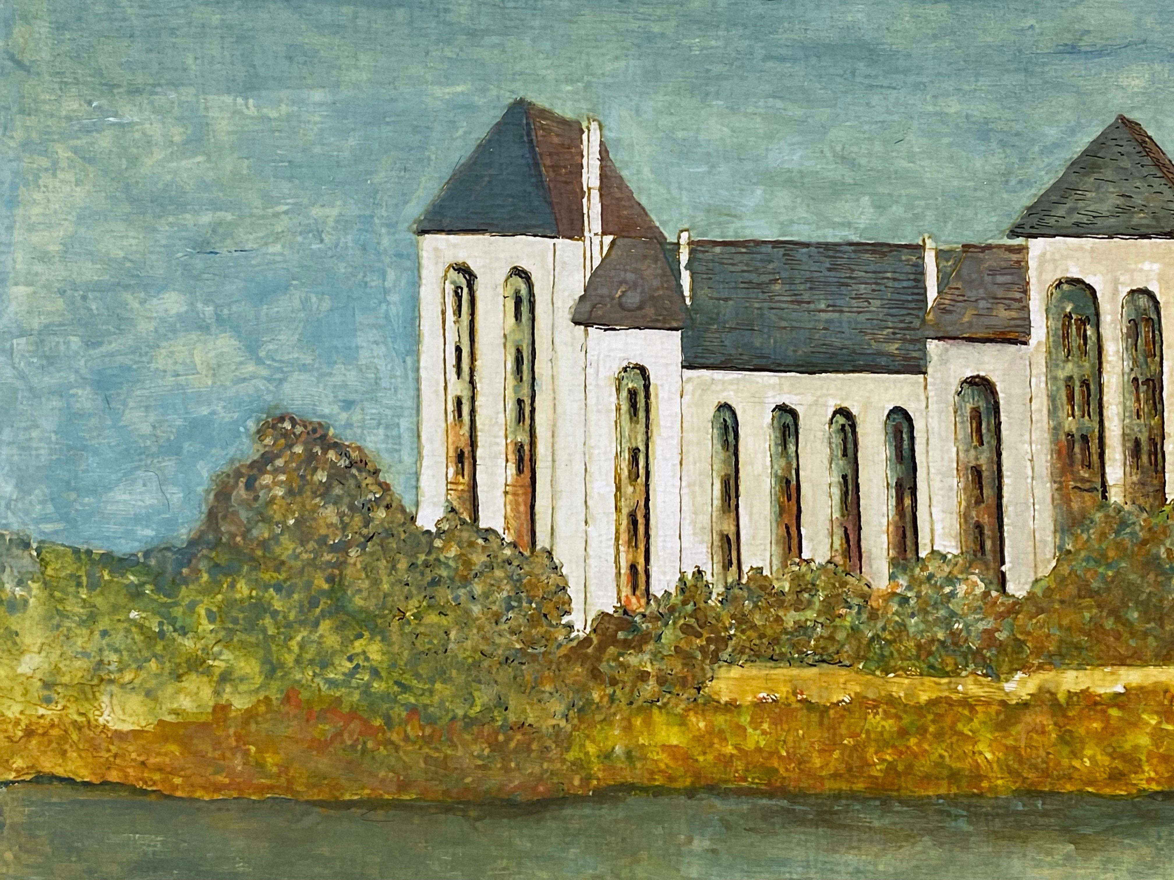 Other 1950's Modernist Signed Painting, Large French Building Over River For Sale