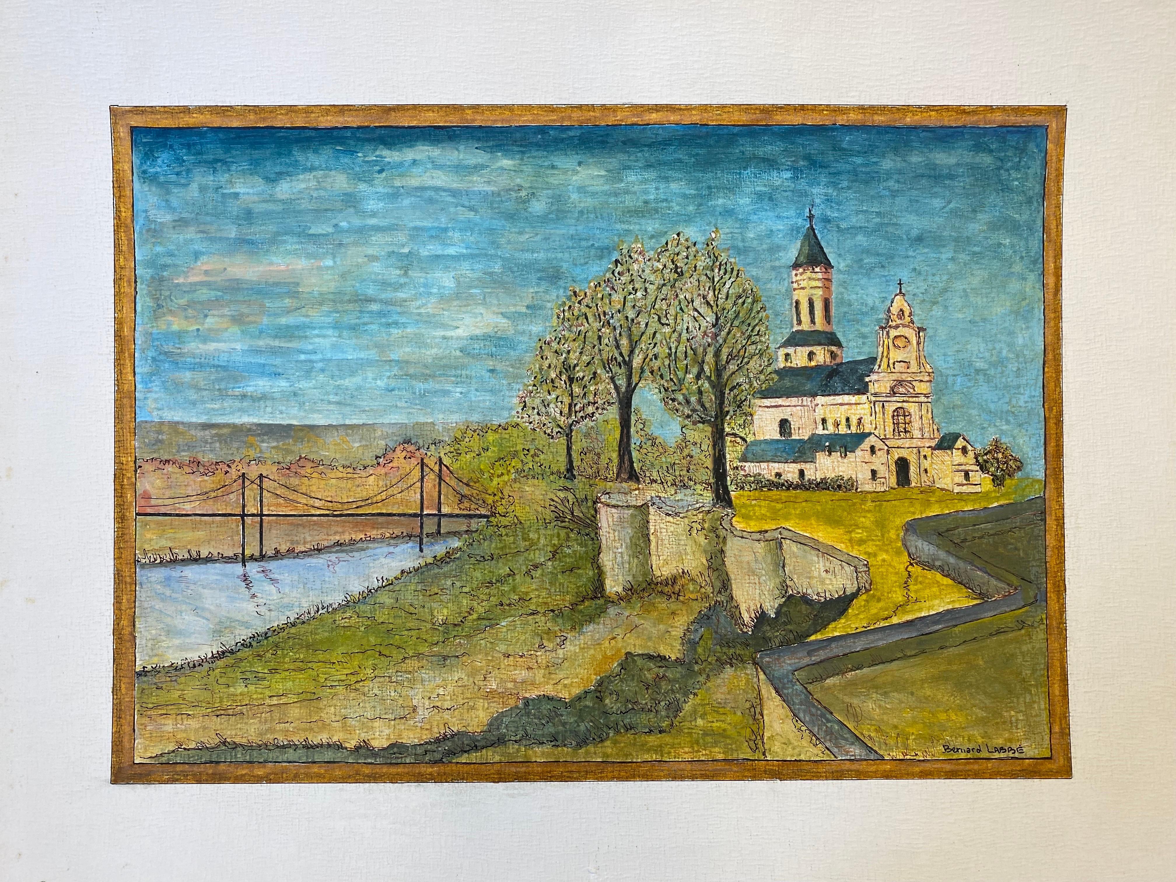 Moderne Peinture moderniste signée des années 1950, paysage d'église française paisible en vente