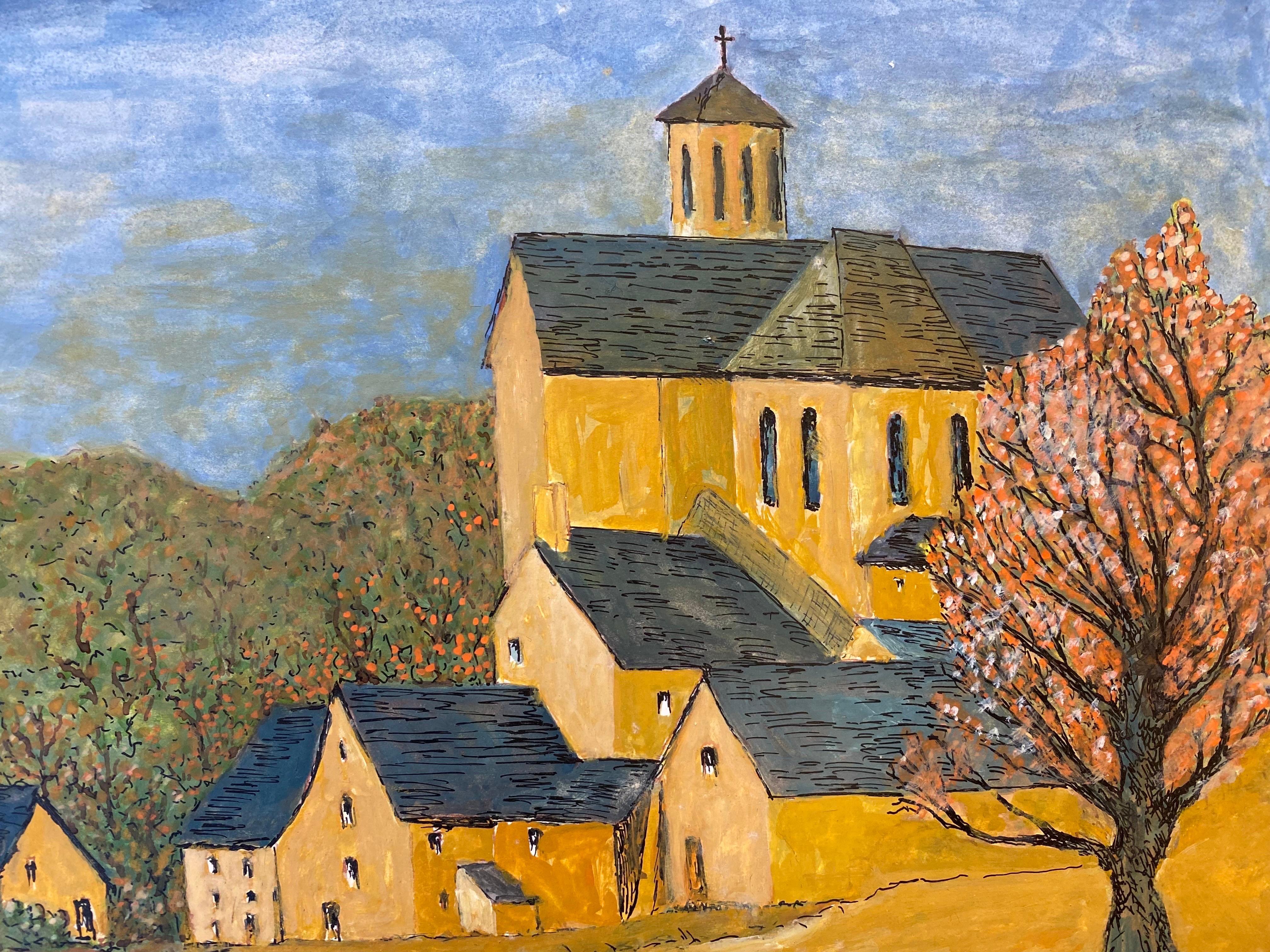 Moderne Peinture moderniste des années 1950 signée, vue en chambre noire de bâtiments français en vente