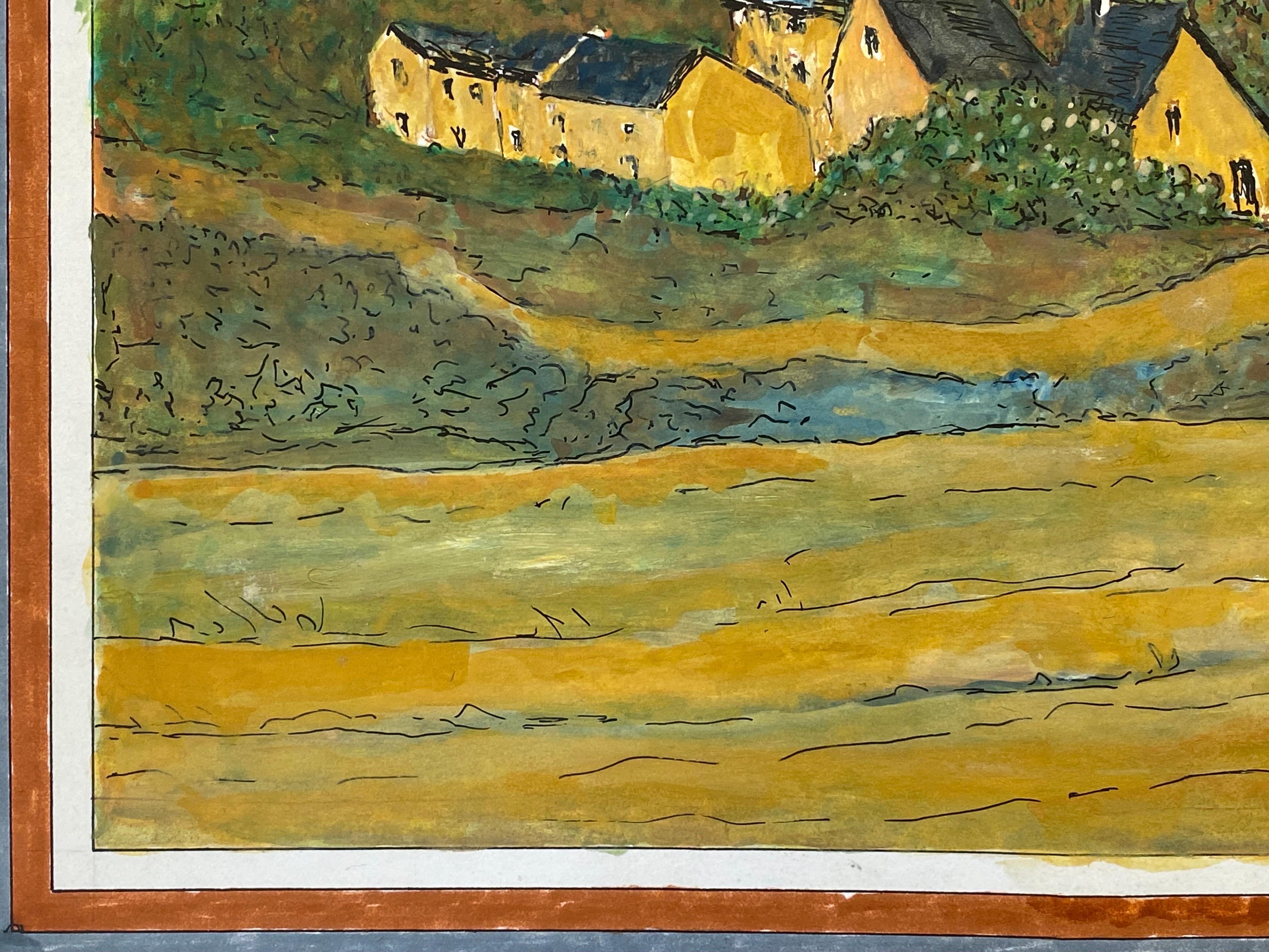 20ième siècle Peinture moderniste des années 1950 signée, vue en chambre noire de bâtiments français en vente