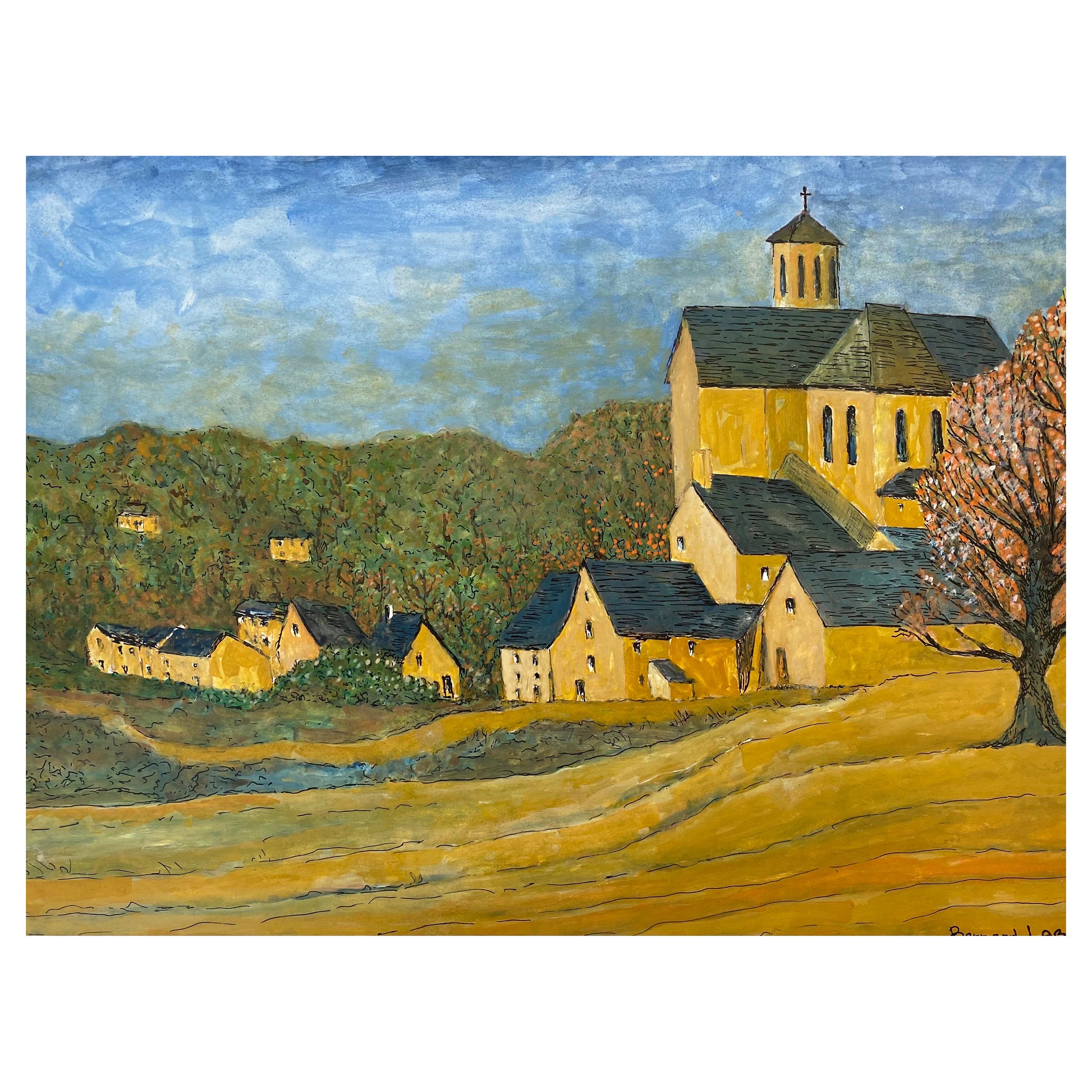 Peinture moderniste des années 1950 signée, vue en chambre noire de bâtiments français