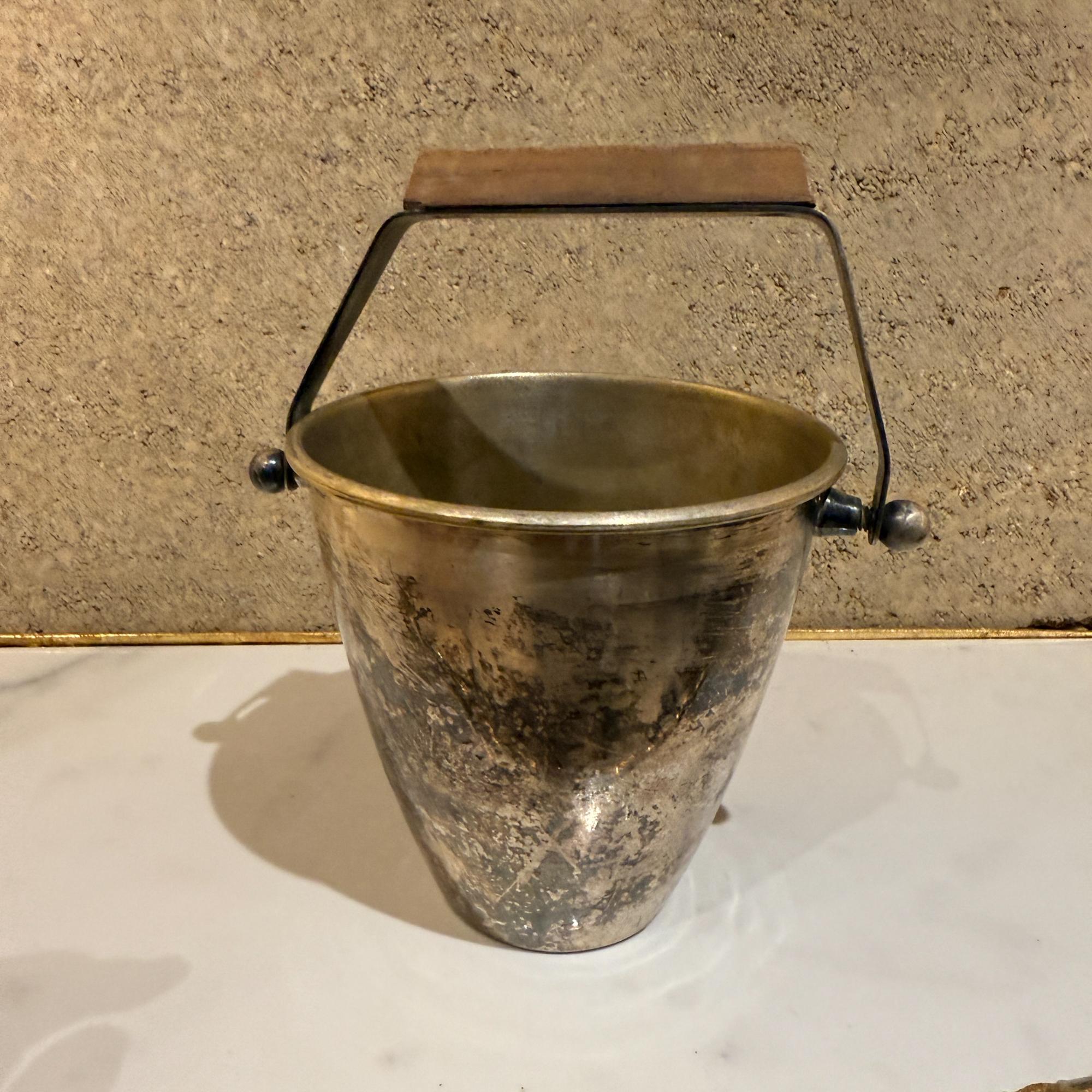 Mid-century Modernist Silver Plate Ice Bucket Wood Handle Sculptural For Sale 5