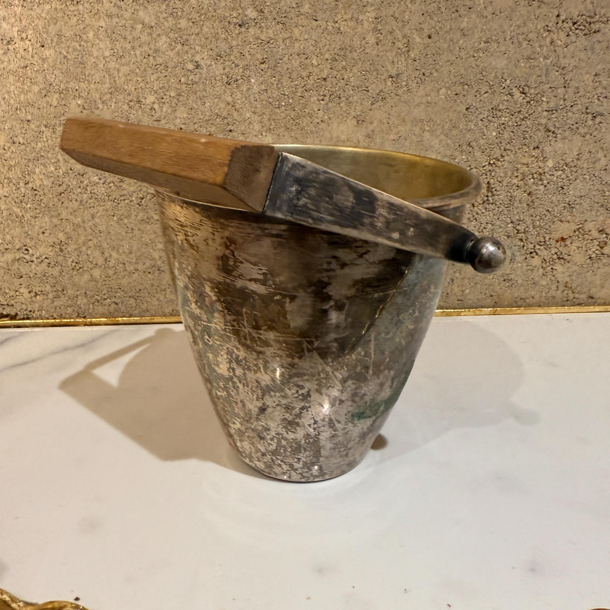 Mid-20th Century Mid-century Modernist Silver Plate Ice Bucket Wood Handle Sculptural For Sale