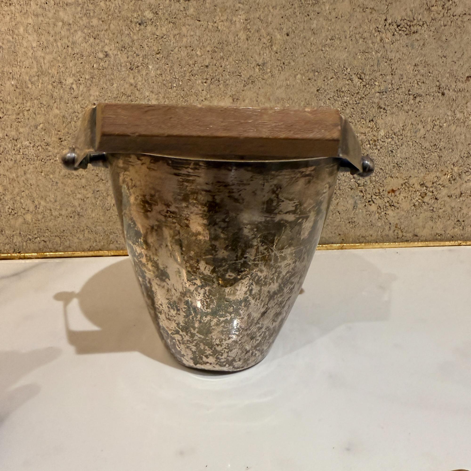 Mid-century Modernist Silver Plate Ice Bucket Wood Handle Sculptural For Sale 1
