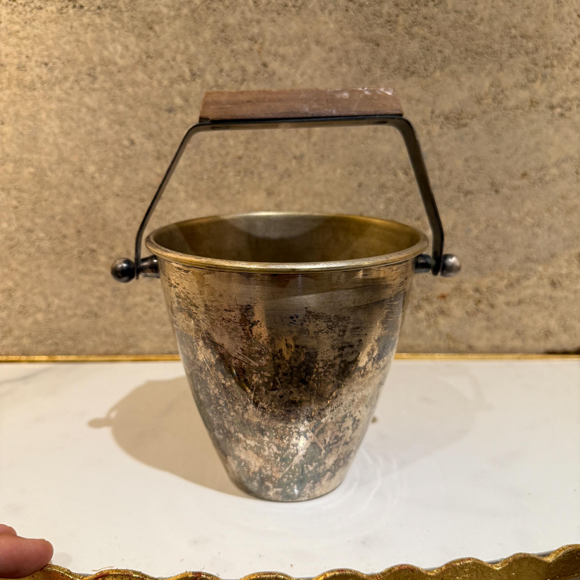Mid-Century Modern Mid-century Modernist Silver Plate Ice Bucket Wood Handle Sculptural For Sale