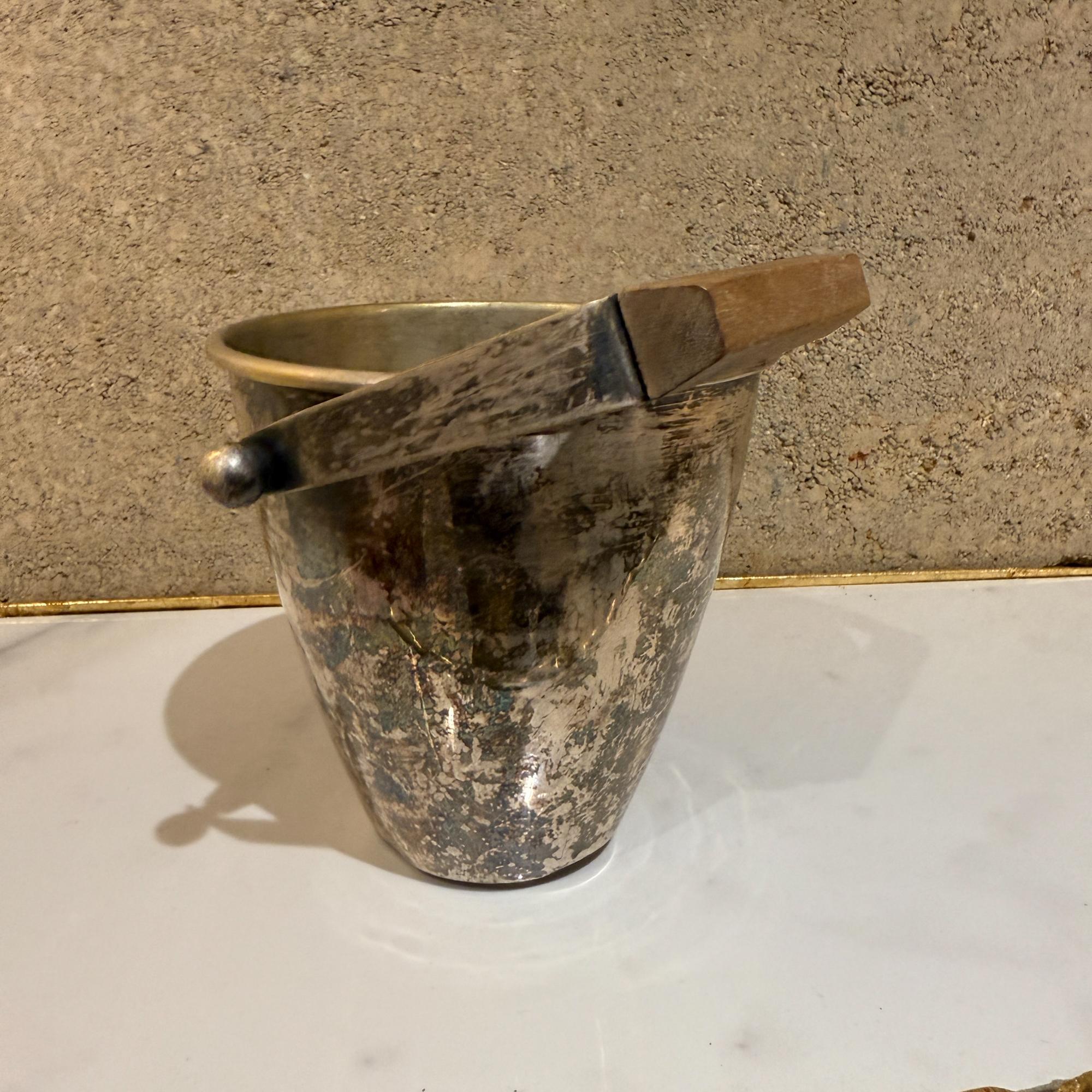 Mid-century Modernist Silver Plate Ice Bucket Wood Handle Sculptural For Sale 2
