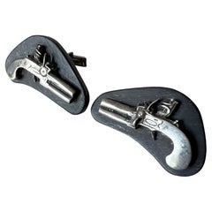 1950s Modernist Sterling Silver Derringer Gun Motif on Wood Cufflinks