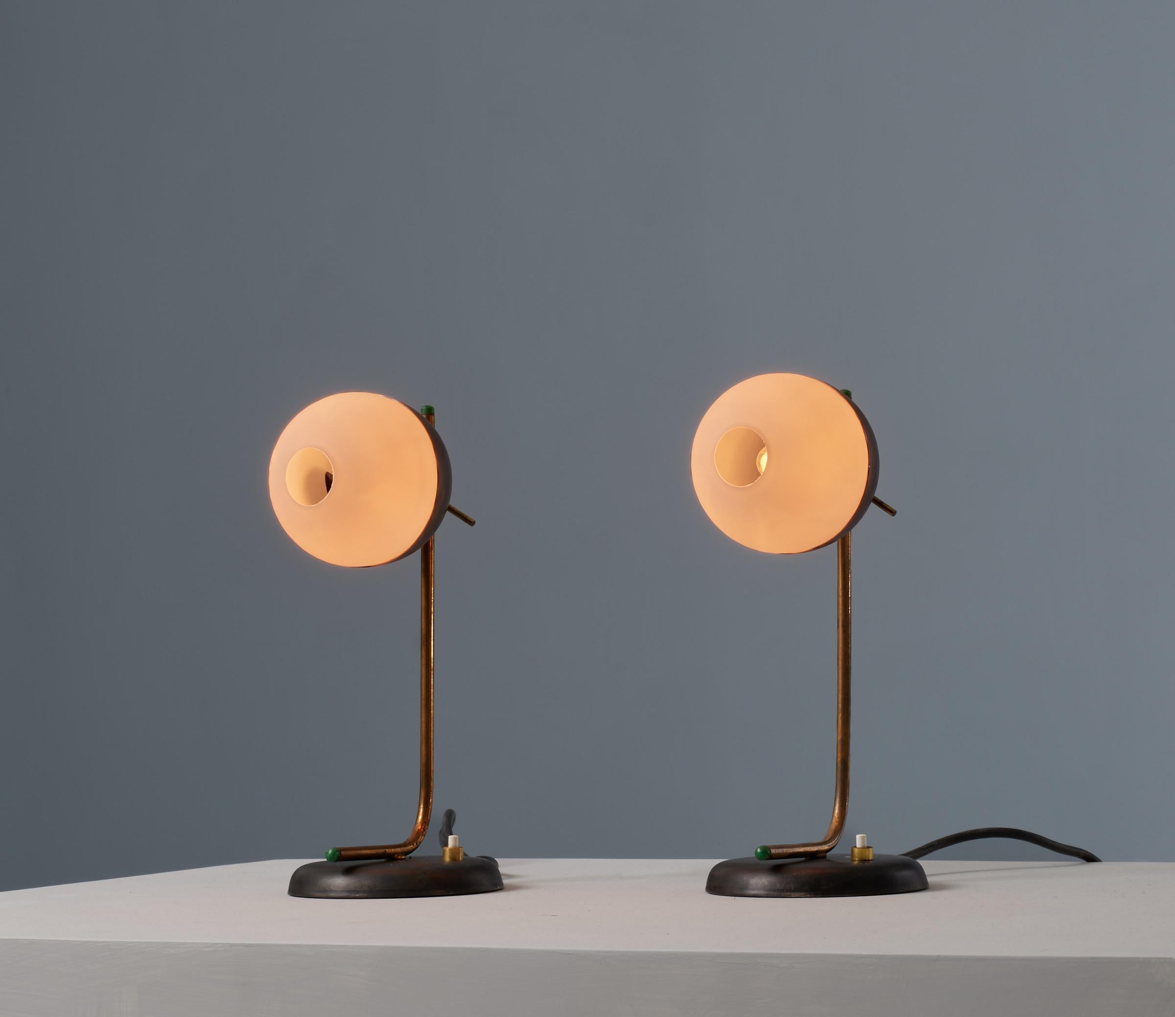 1950s Modernist Table Lamps - Brass and Iron with Central Hole Opaline Glass For Sale 3