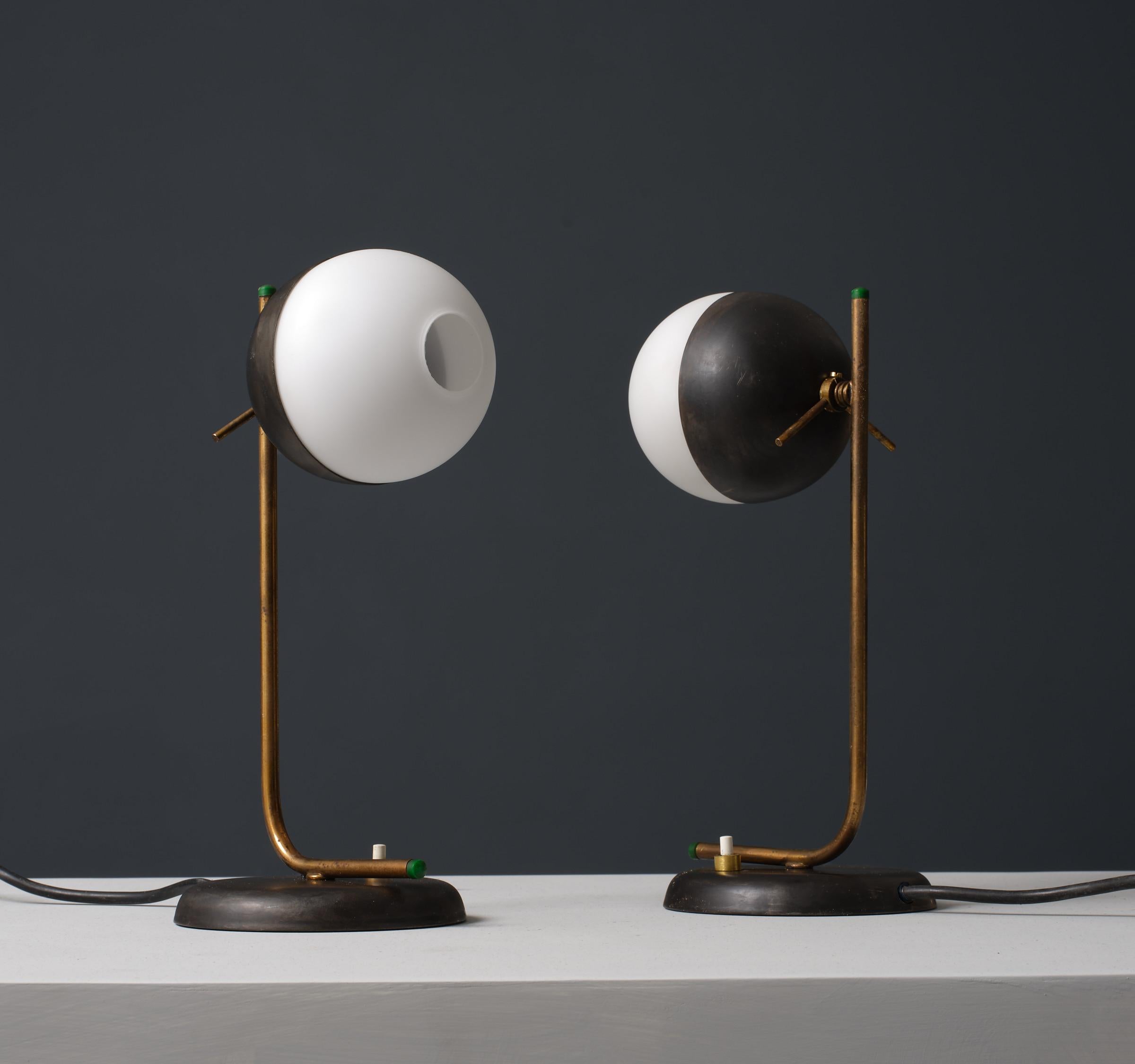 Mid-Century Modern 1950s Modernist Table Lamps - Brass and Iron with Central Hole Opaline Glass For Sale