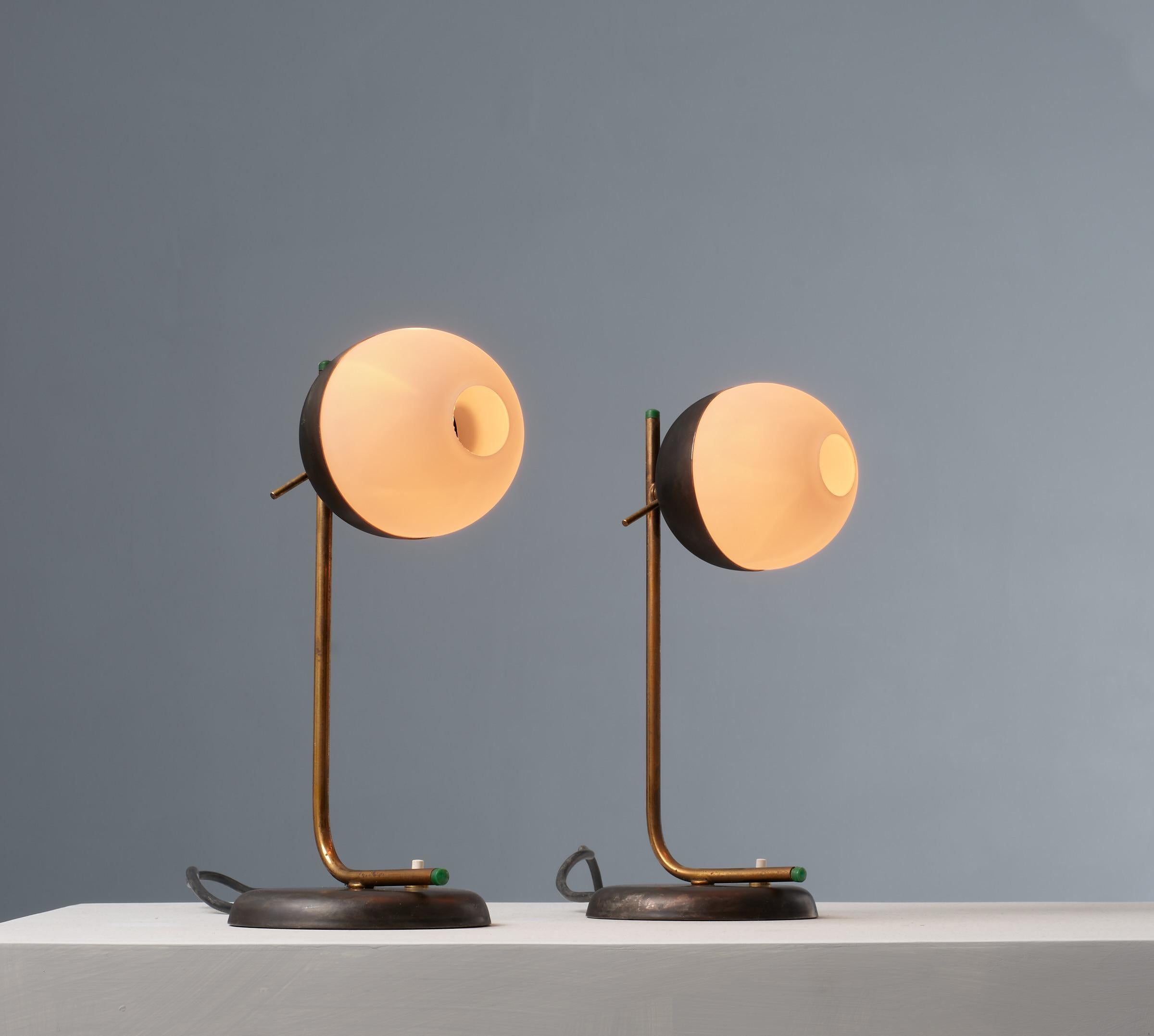 Italian 1950s Modernist Table Lamps - Brass and Iron with Central Hole Opaline Glass For Sale
