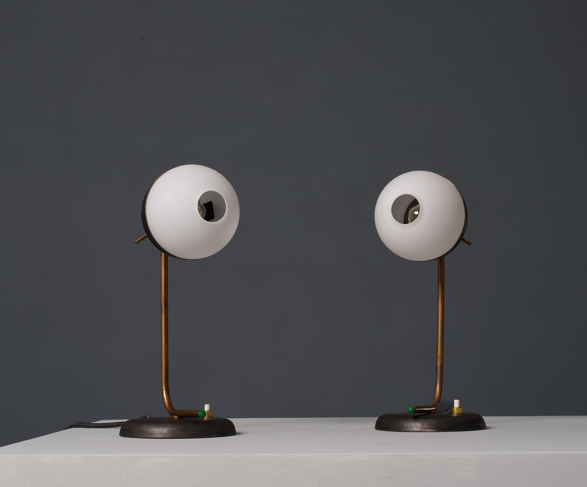 1950s Modernist Table Lamps - Brass and Iron with Central Hole Opaline Glass In Good Condition For Sale In Rome, IT
