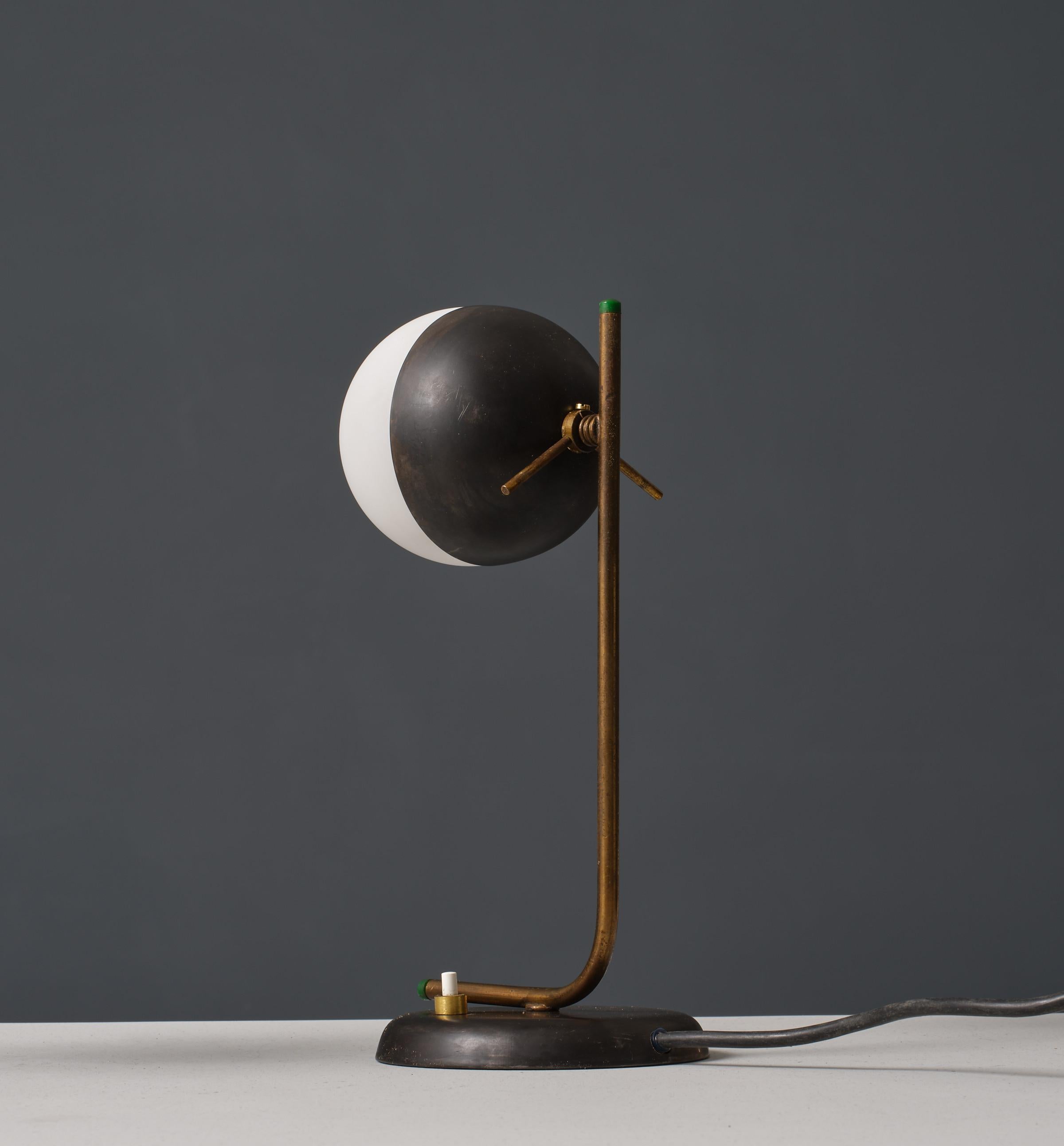 Mid-20th Century 1950s Modernist Table Lamps - Brass and Iron with Central Hole Opaline Glass For Sale