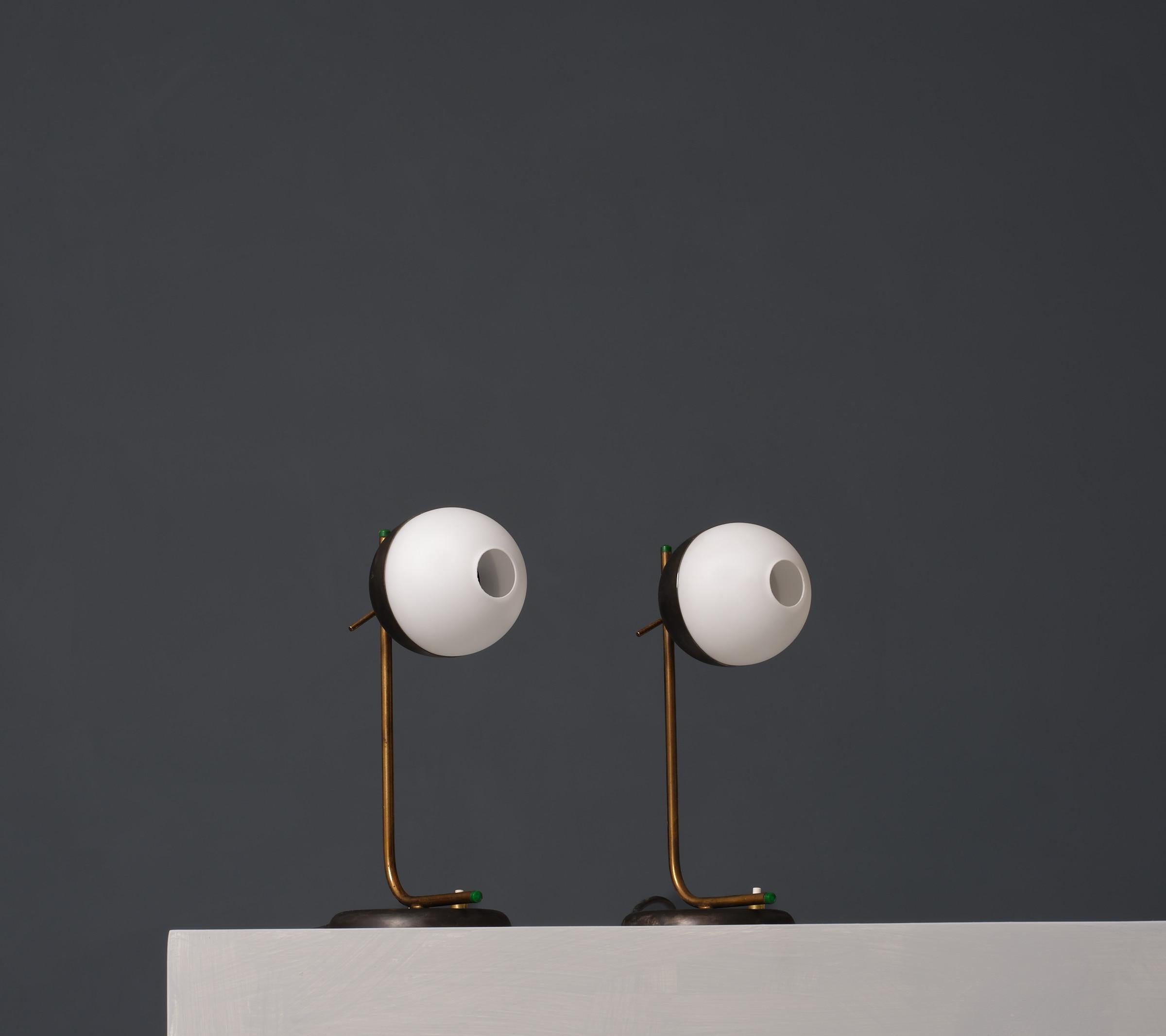 Metal 1950s Modernist Table Lamps - Brass and Iron with Central Hole Opaline Glass For Sale