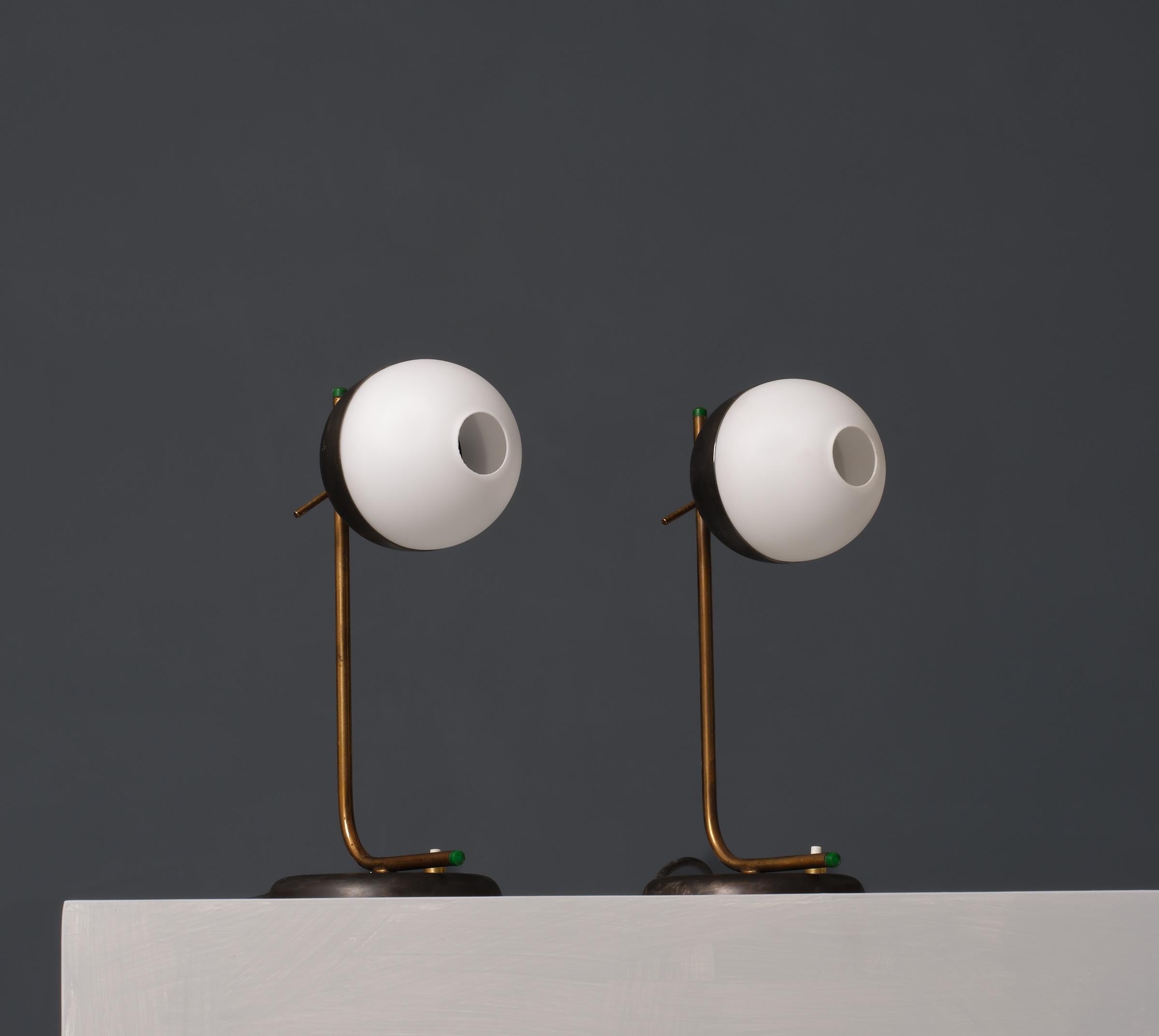 1950s Modernist Table Lamps - Brass and Iron with Central Hole Opaline Glass For Sale 1