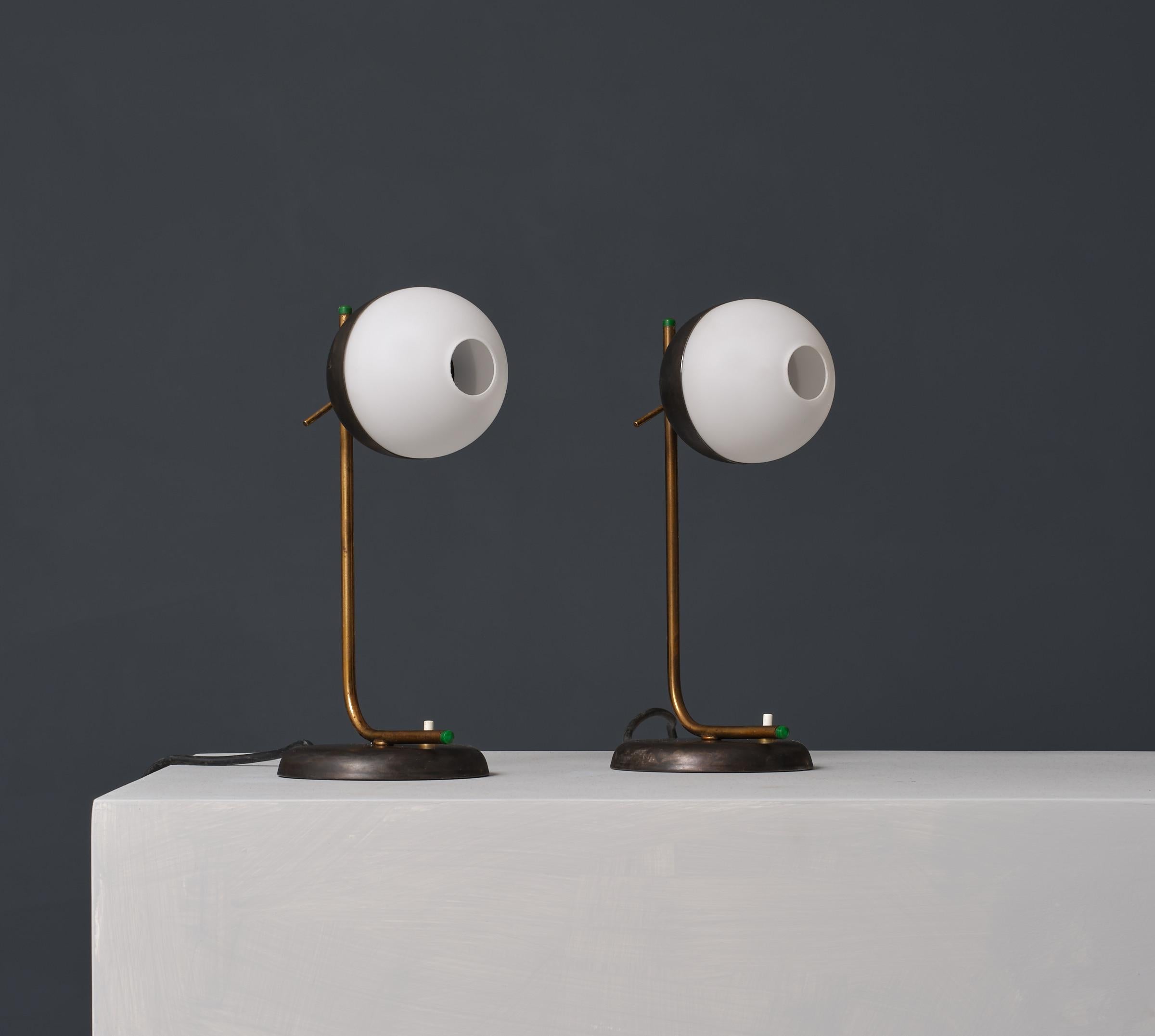 1950s Modernist Table Lamps - Brass and Iron with Central Hole Opaline Glass For Sale 2