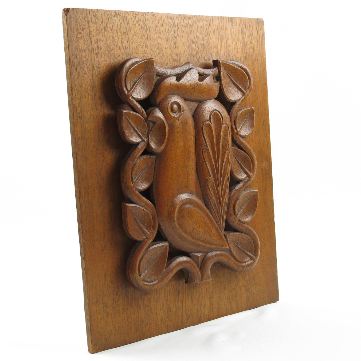 Mid-Century Modern 1950s Modernist Wooden Wall Art Sculpture Carved Rooster Panel