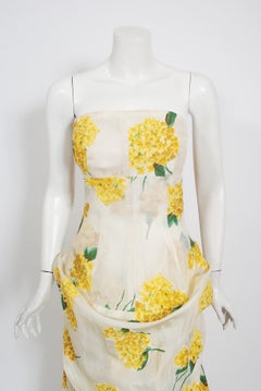 1950's Modes Royale Yellow Hydrangea Floral Print Silk Strapless Sculpted Gown