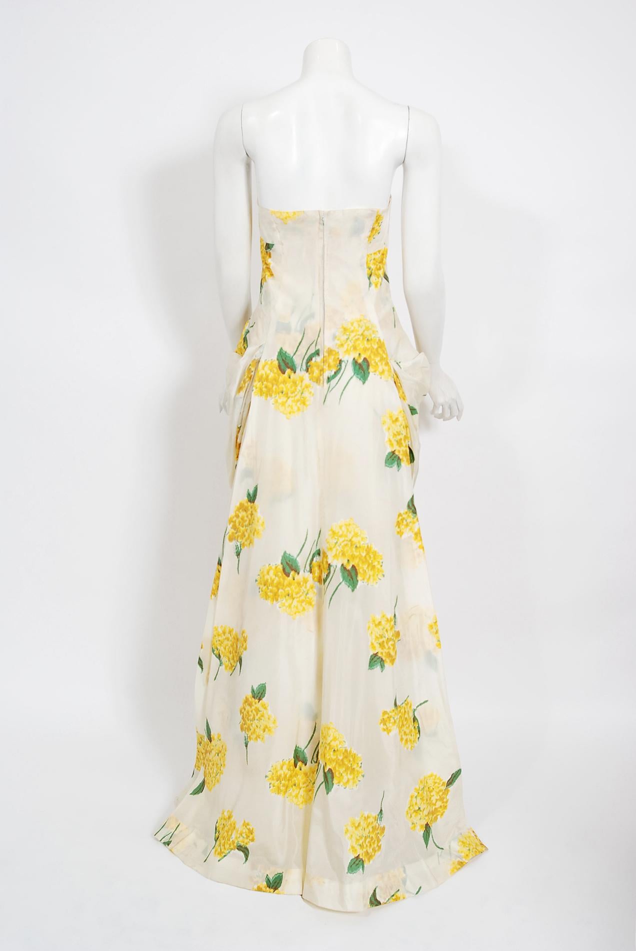 1950's Modes Royale Yellow Hydrangea Floral Print Silk Strapless Sculpted Gown  1