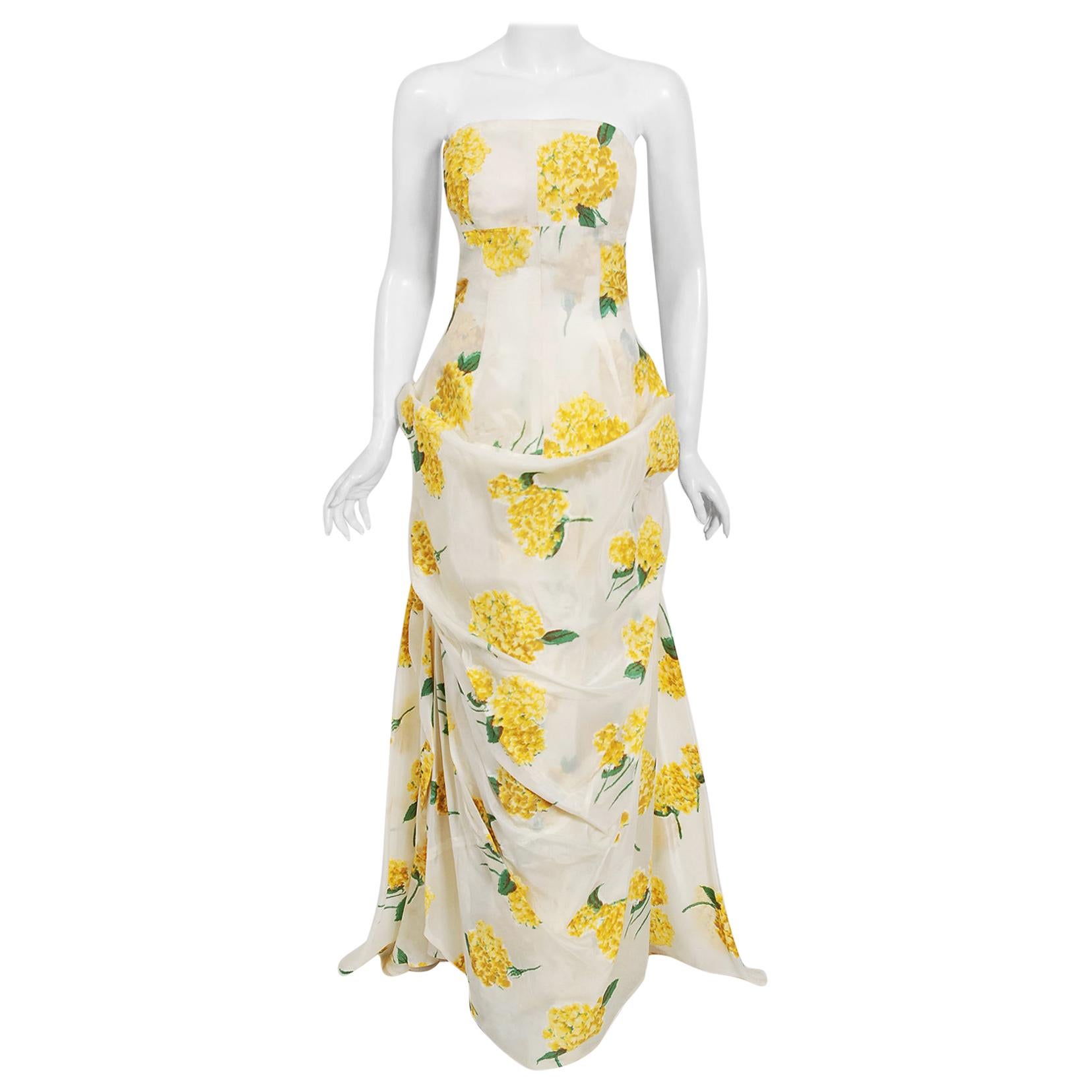 1950's Modes Royale Yellow Hydrangea Floral Print Silk Strapless Sculpted Gown 