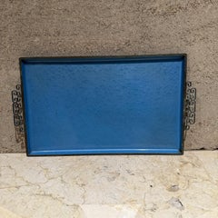 Vassoio da portata in smalto blu Kyes con smalto moiré del 1950 Pasadena Ca