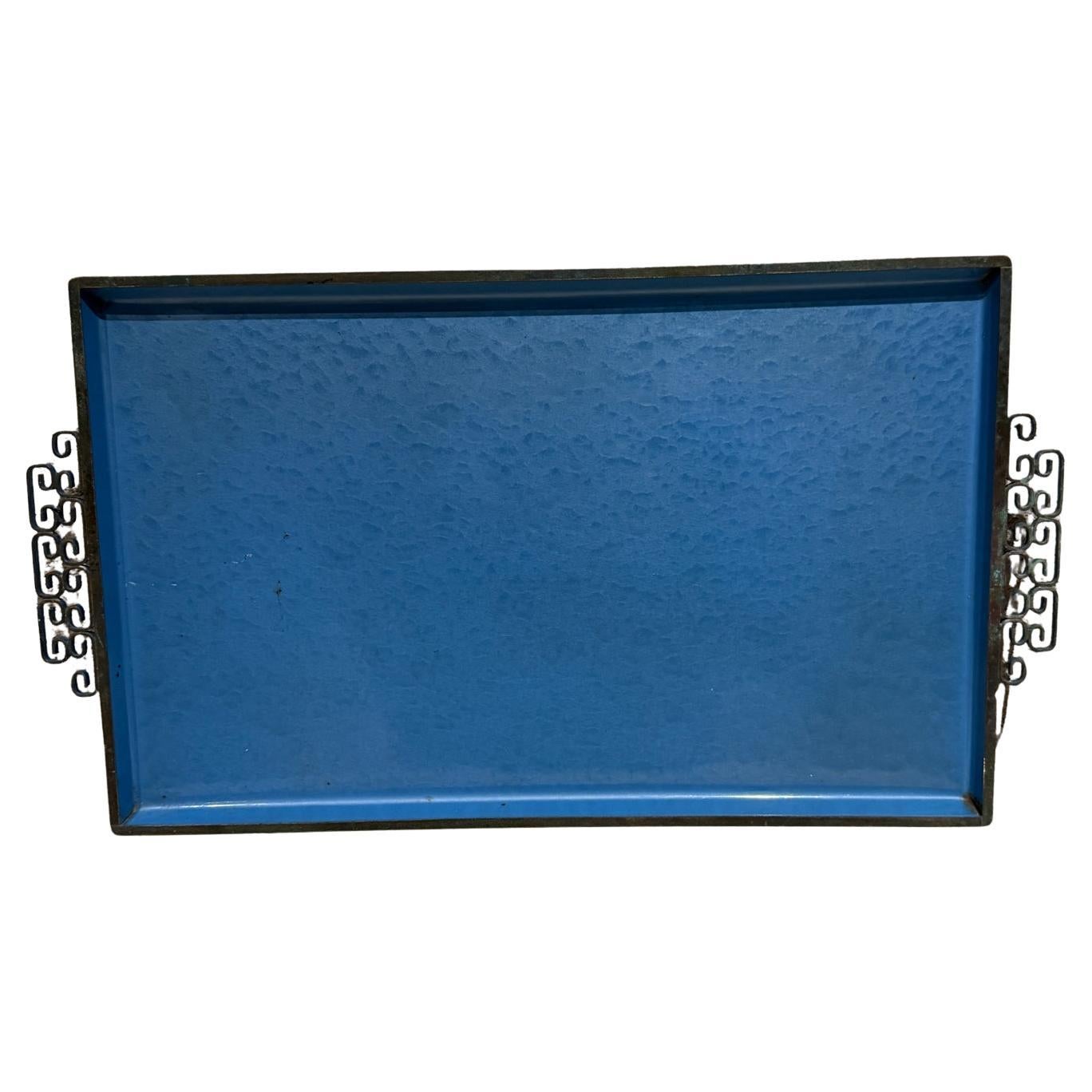 1950s Moiré Glaze Kyes Blue Enamel Serving Tray Pasadena Ca
