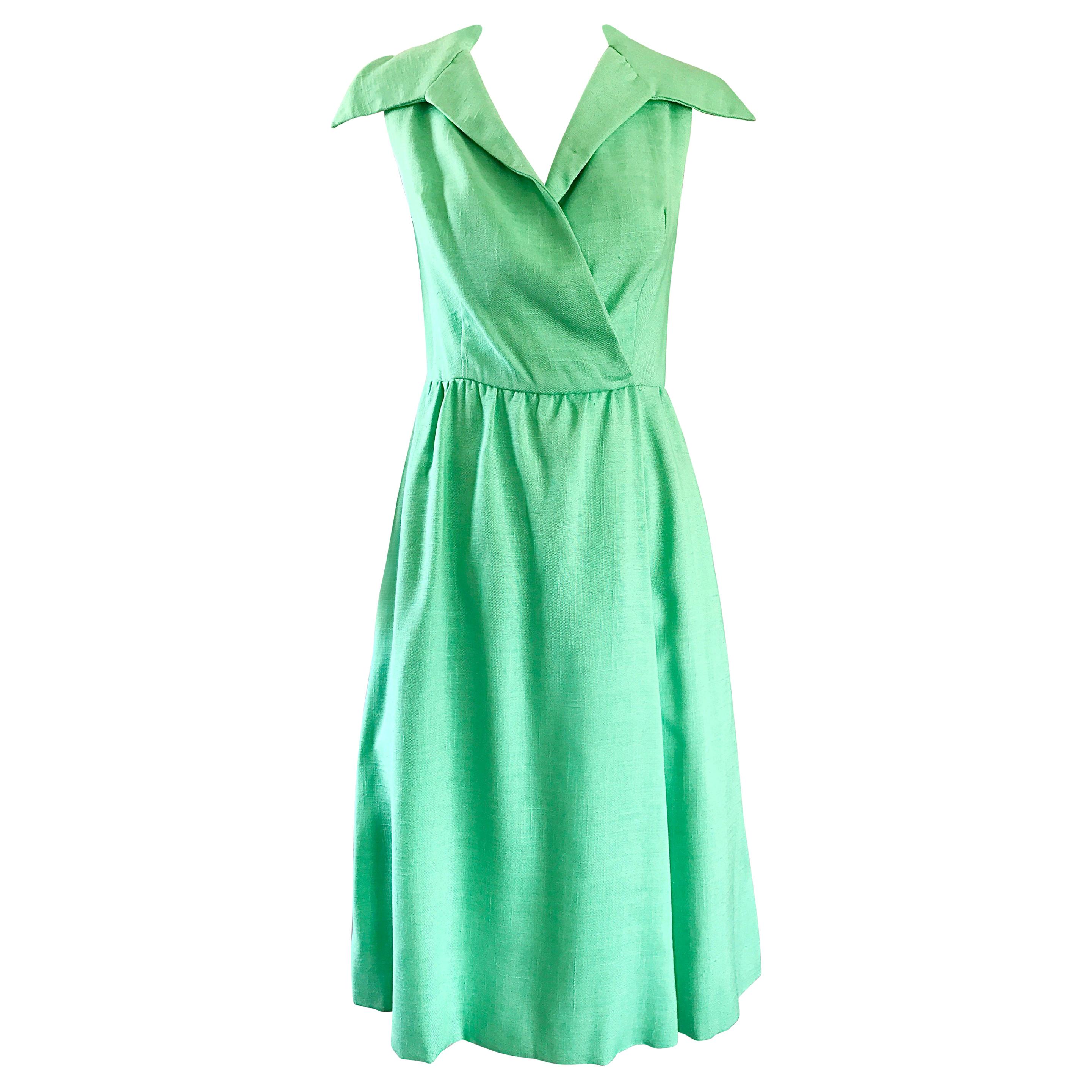 1950s Mollie Parnis Sorbet Light Green Linen Mint Vintage 50s Shirt Dress