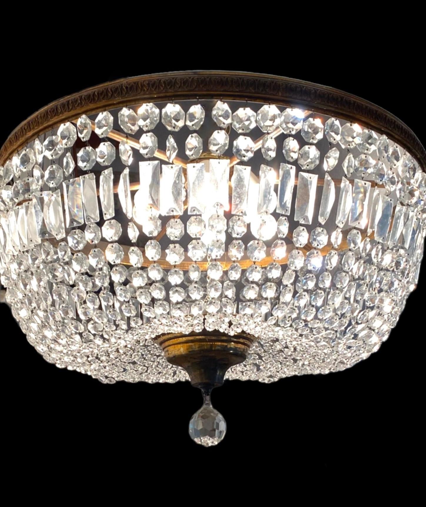 Huge French Art Deco Crystal Bronze Six-Light Flush Mount Chandelier, 1950s For Sale 3
